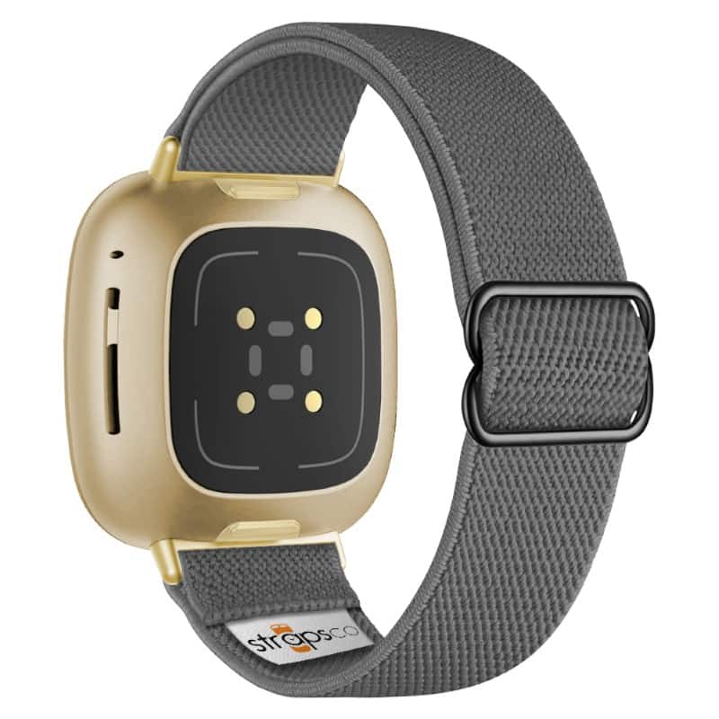 StrapsCo - Nylon Stretch Watch Band Strap For Fitbit Sense 2 - Grey (Yellow Gold Hardware)