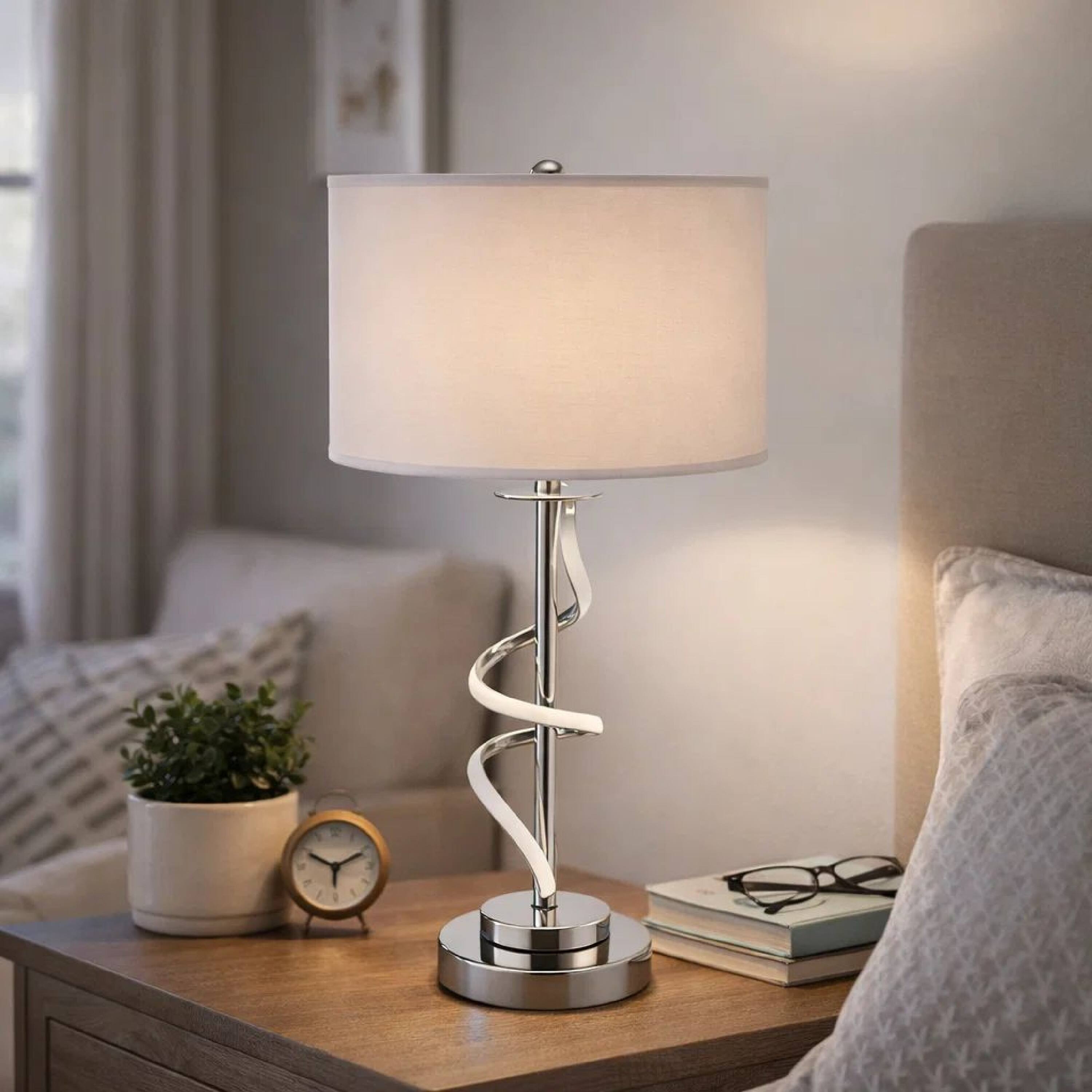 Alt View 2. Manhattan Lane - Jame 29 Inch Table Lamp, Drum Fabric Shade, Accent Round Chrome Base - Chrome, Silver, White.