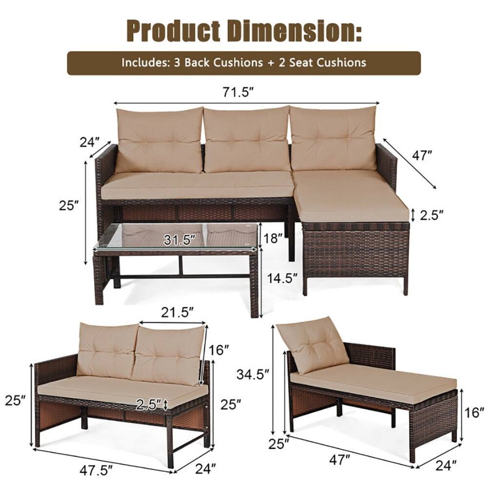 Product Dimension: Includes: 3 Back Cushions + 2 Seat Cushions

- 71.5" (Length)
- 47" (Width)
- 24" (Height)
- 25" (Depth)
- 31.5" (Seat Length)
- 18" (Seat Depth)
- 14.5" (Seat Height)
- 2.5" (Cushion Thickness)
- 21.5" (Armrest Height)
- 16" (Armrest Width)
- 34.5" (Reclined Seat Length)
- 47.5" (Reclined Length)
- 25" (Reclined Depth)
- 25" (Reclined Seat Height)
- 24" (Reclined Armrest Width)