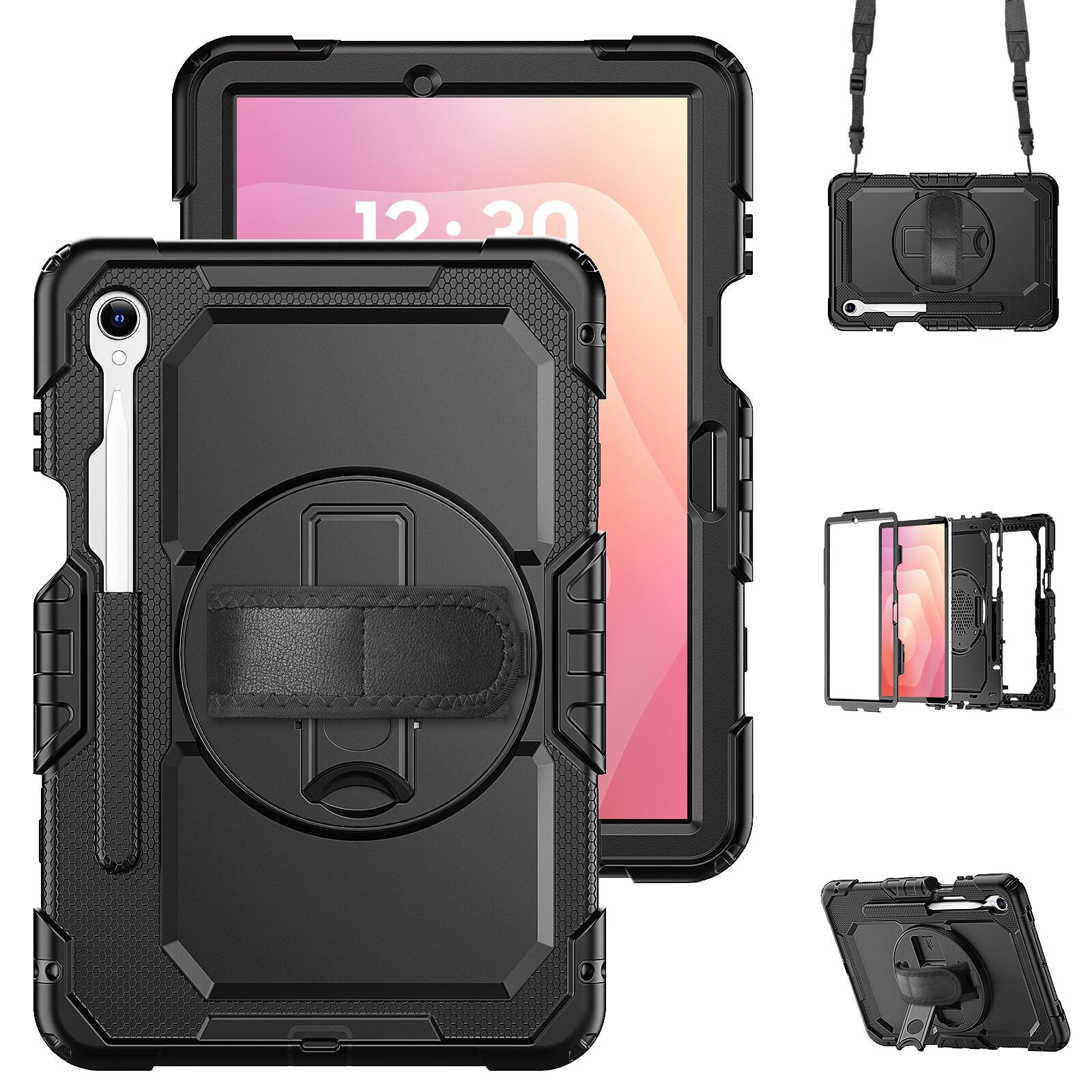 Angle. Dteck - For Samsung Galaxy Tab S11 2025 Shockproof Three-Layer Stand Shoulder Strap Case Built-in Screen Protector - Black.