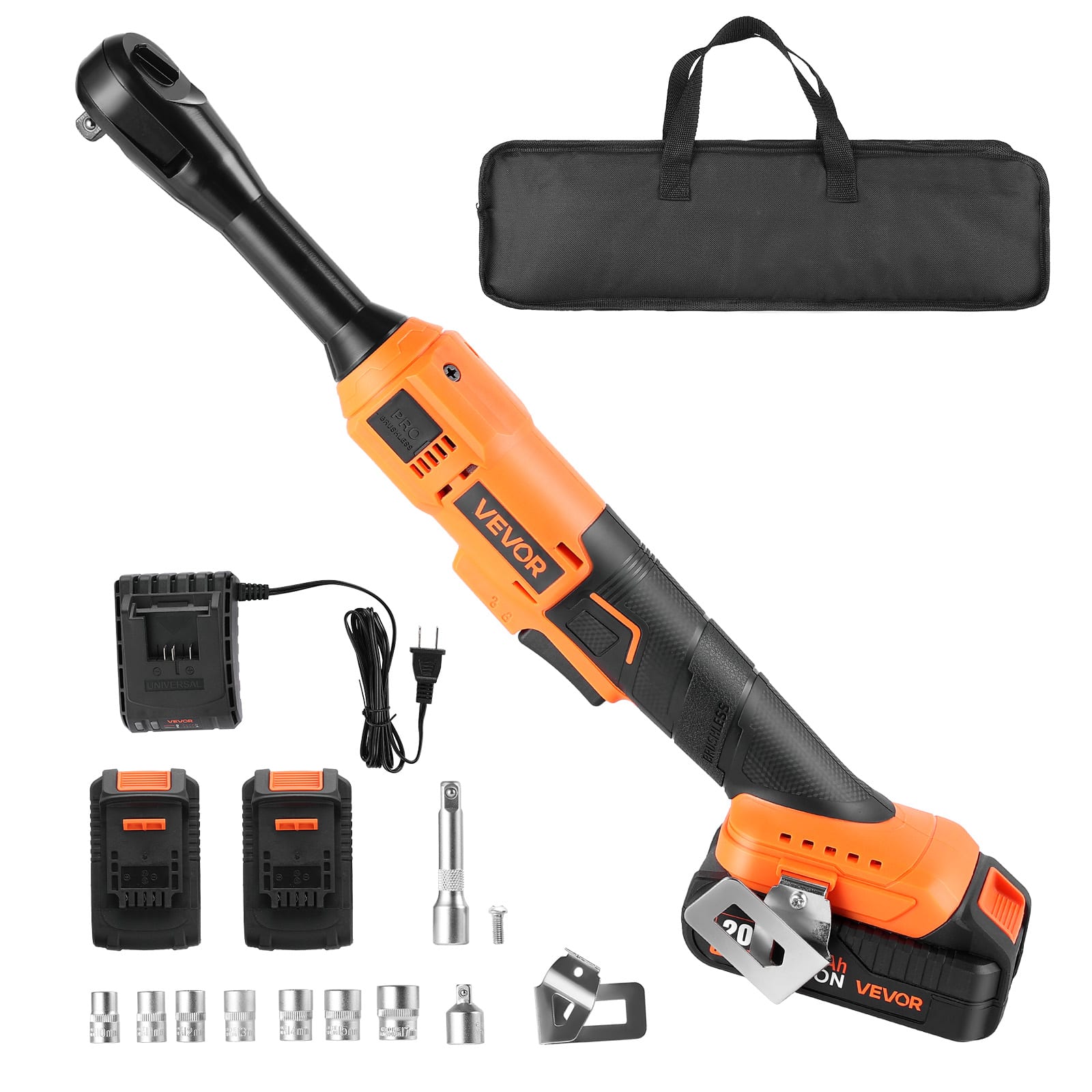 VEVOR - Cordless Ratchet Wrench, 3/8 inch Drive, 230 RPM, up to 66 ft-lbs of Torque, Ratchet Wrench Set with Two 2.0Ah Batteries - Black,Orange