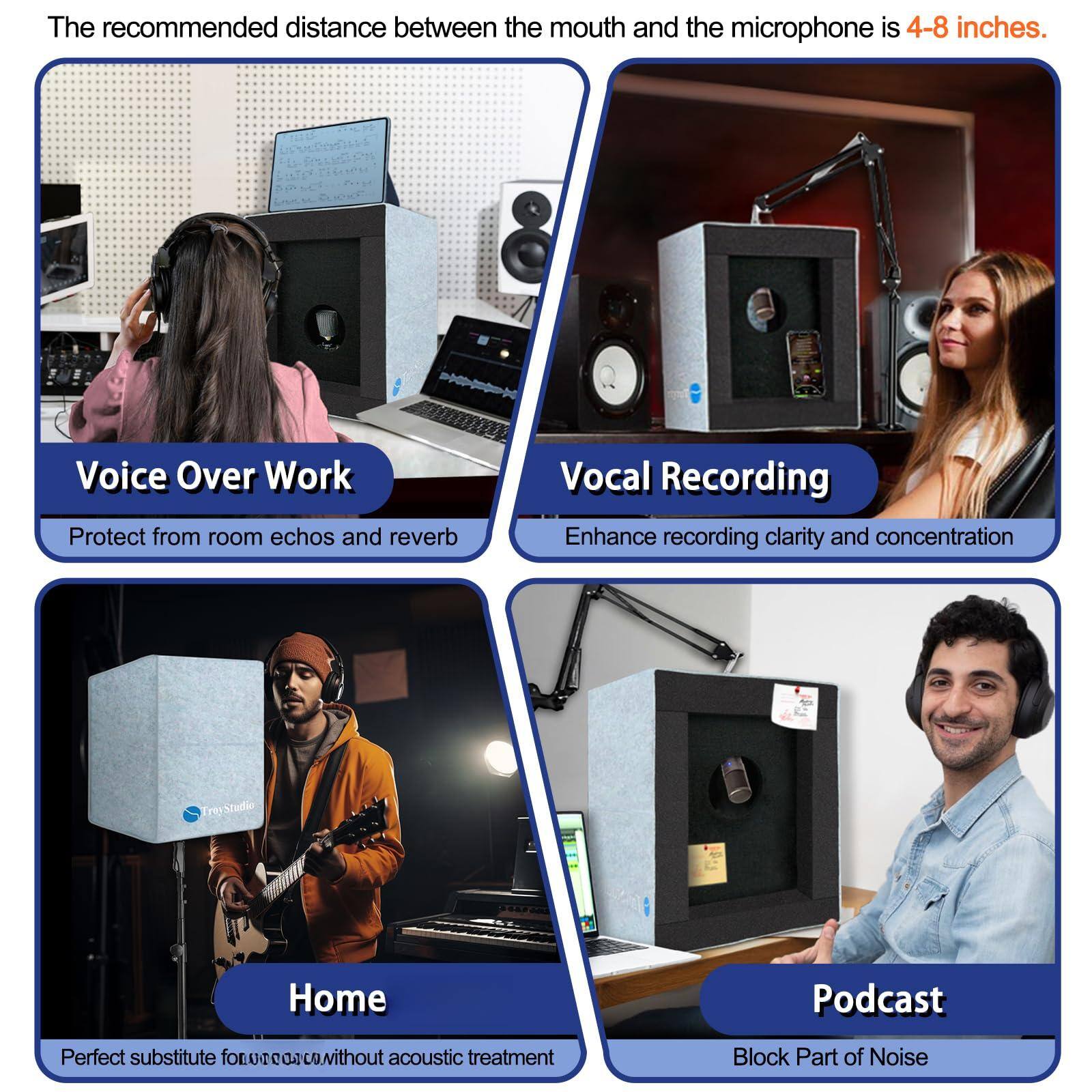 The recommended distance between the mouth and the microphone is 4-8 inches.

Voice Over Work  
Protect from room echoes and reverb

Vocal Recording  
Enhance recording clarity and concentration

Home  
Perfect substitute for home studios without acoustic treatment

Podcast  
Block Part of Noise