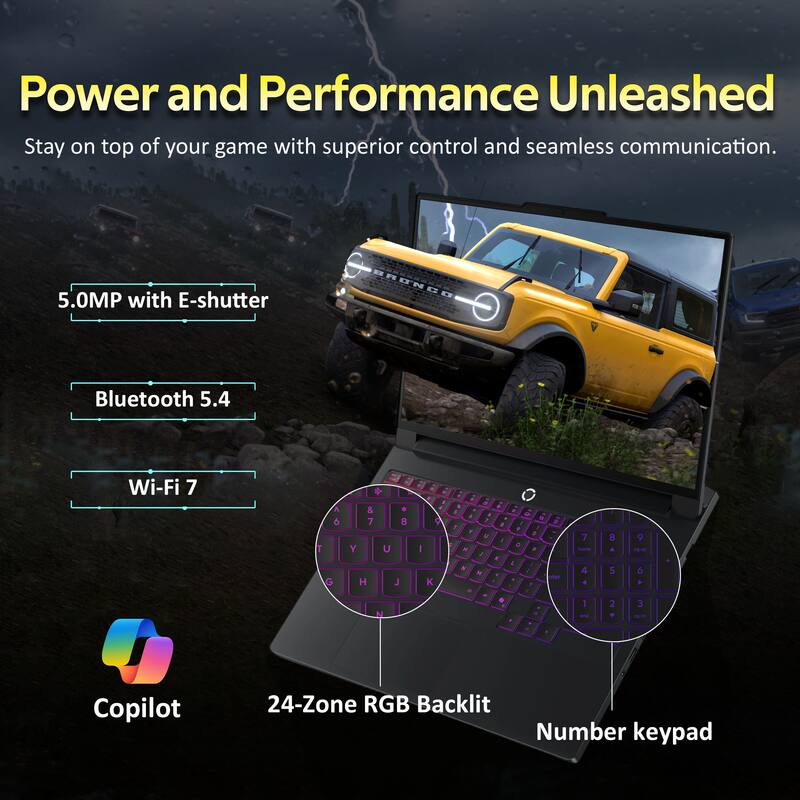 Power and Performance Unleashed  
Stay on top of your game with superior control and seamless communication.  

5.0MP with E-shutter  
Bluetooth 5.4  
Wi-Fi 7  

Copilot  
24-Zone RGB Backlit  
Number keypad