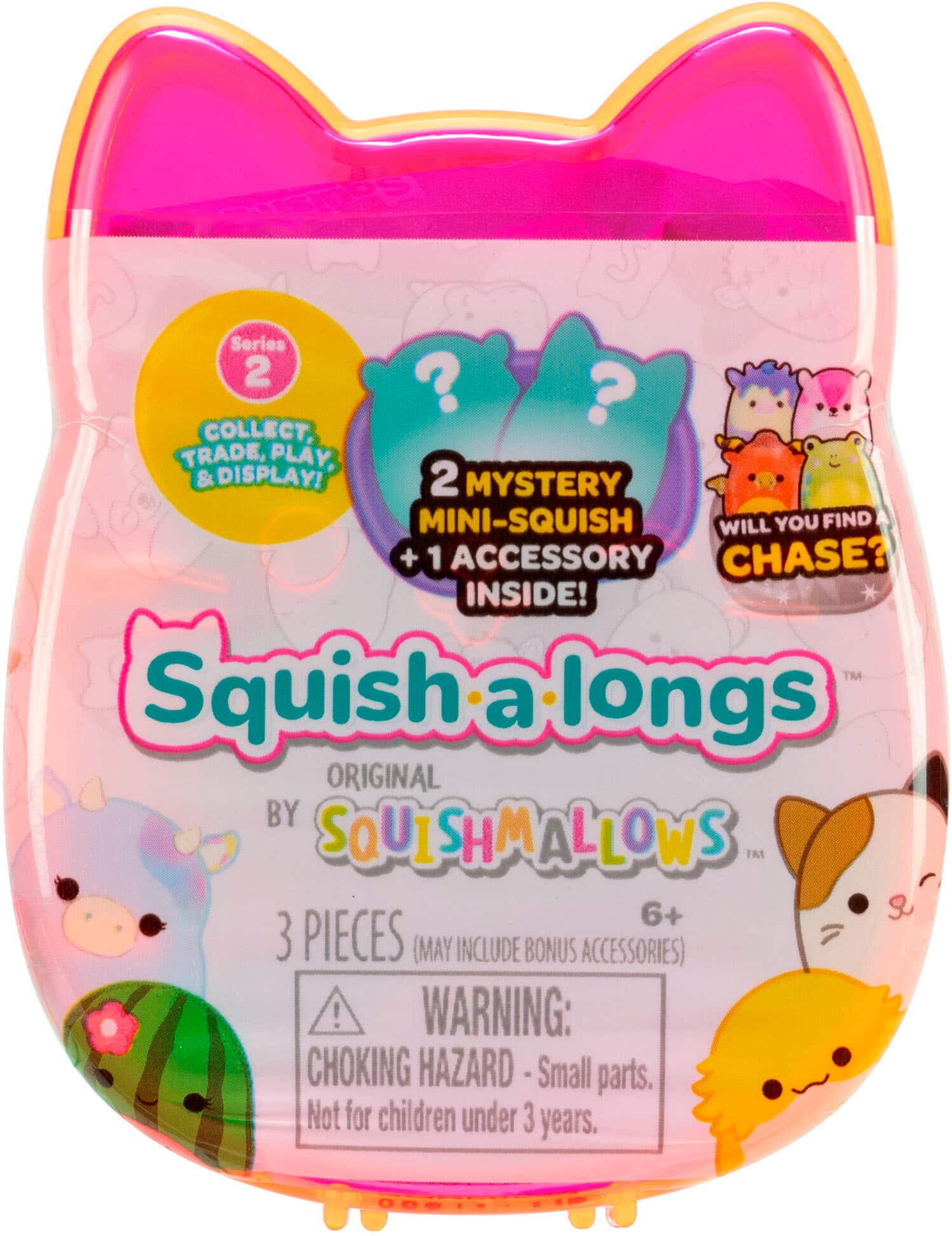 Series 2 Collect, Trade, Play & Display! 2 Mystery Mini-Squish a longs Original by Squishmallows TM 6+ 3 pieces (may include bonus accessories) Warning: Choking Hazard - Small parts. Not for children under 3 years.