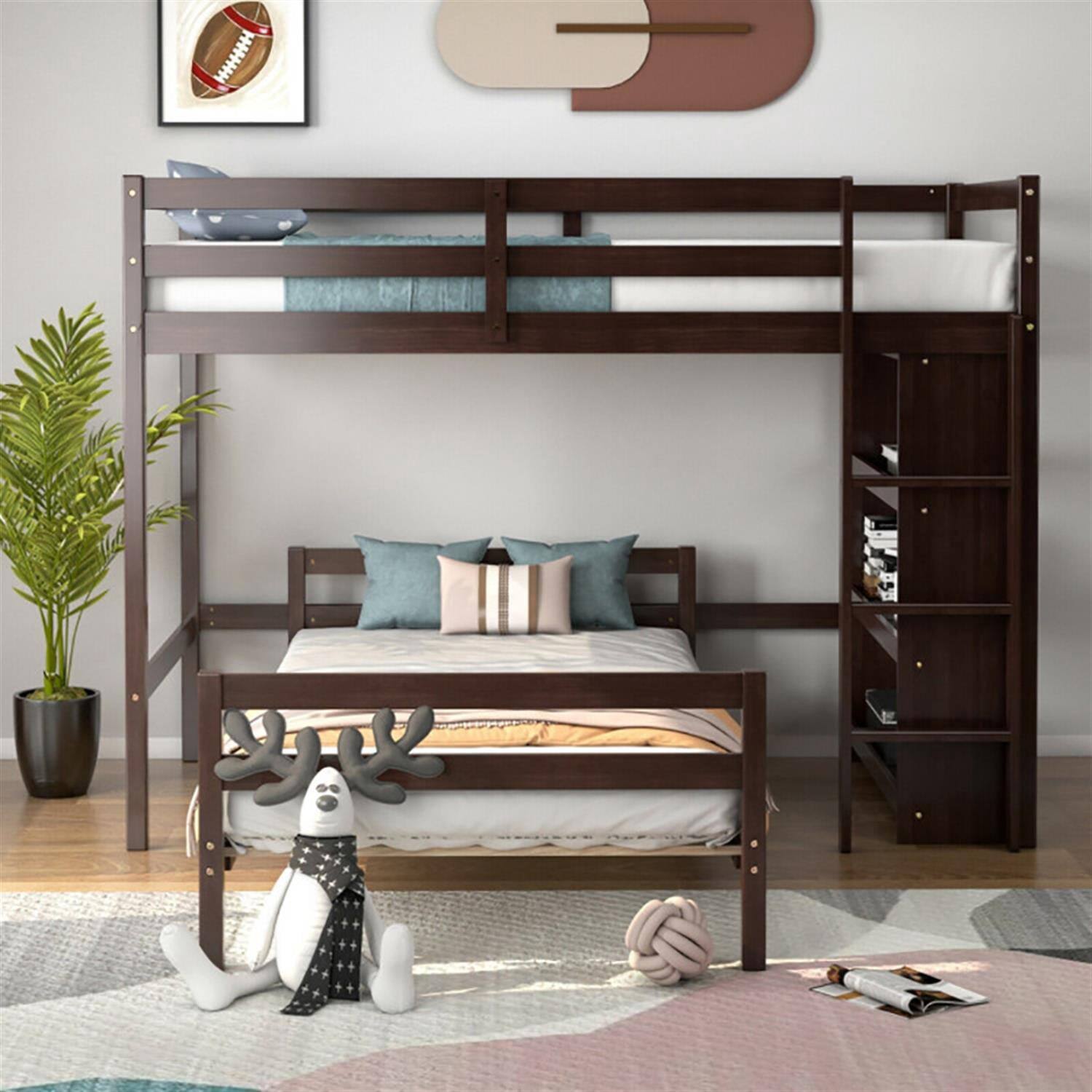 Angle. Pefilos - Twin Over Twin Loft Bunk Bed with Bookcase, Space-saving Solid Wood House Bed Frame - Brown.