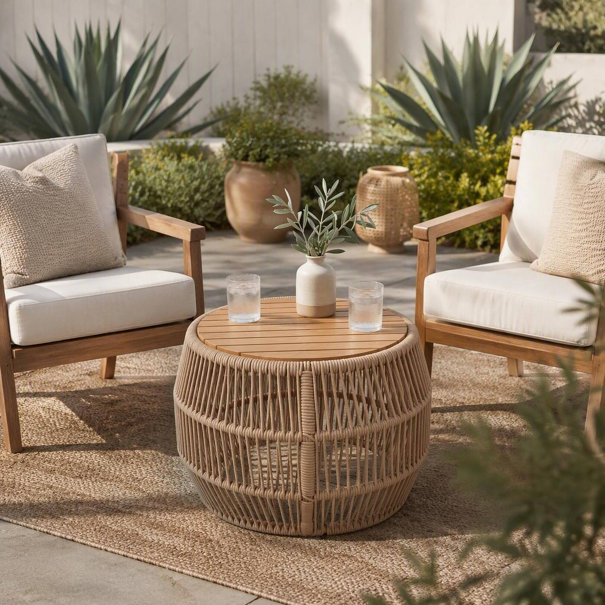 Left. RYHNUYNE - Outdoor Round Coffee Table,Rattan Rope & Acacia Wood Patio Furniture, \Weather Resistant for Garden Yard Balcony - Light beige,Teak.