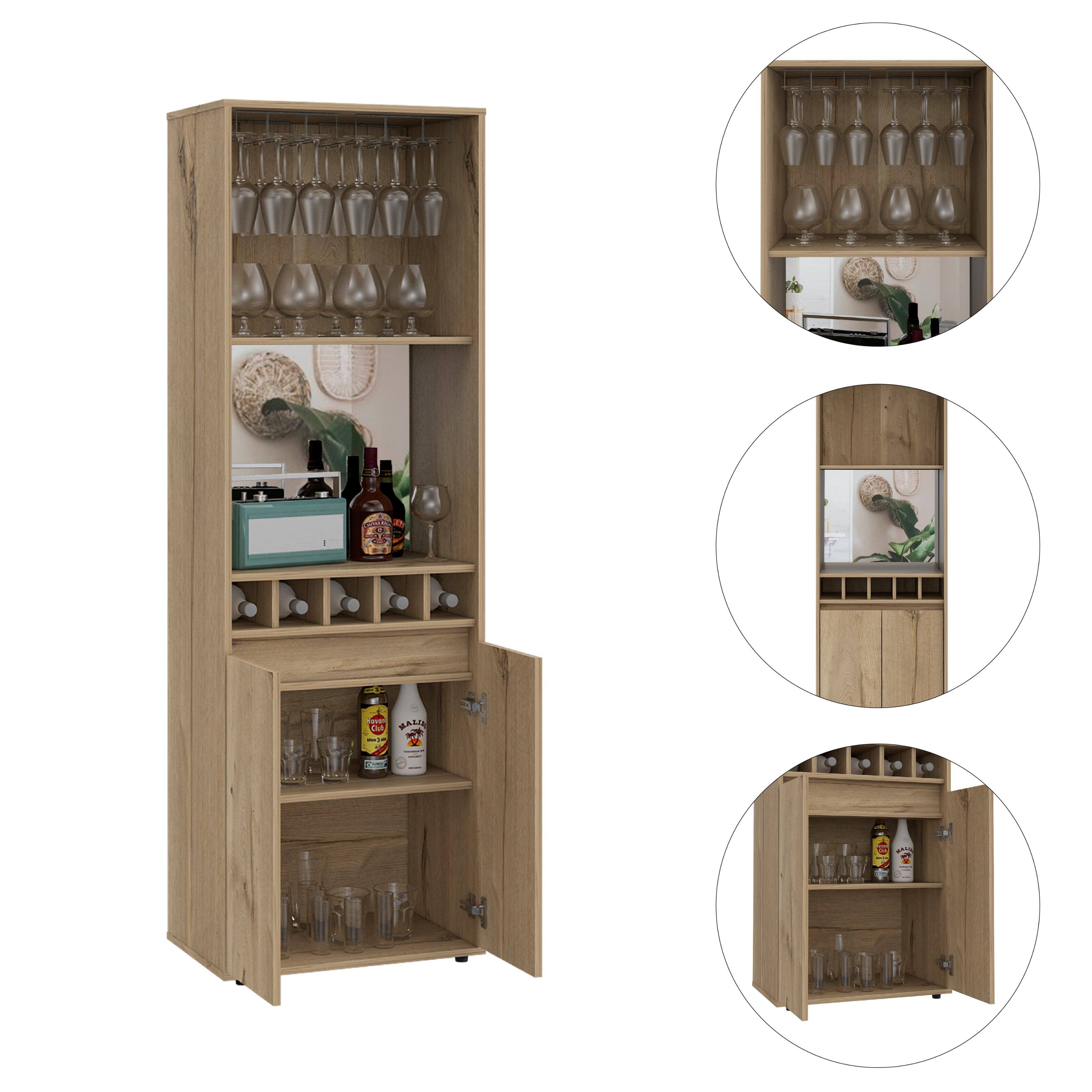 Alt View 4. TuHome - Prana Bar Cabinet, Two Shelves, Five Built-In Wine Rack, Double Door, Bar Room. - Light Oak.