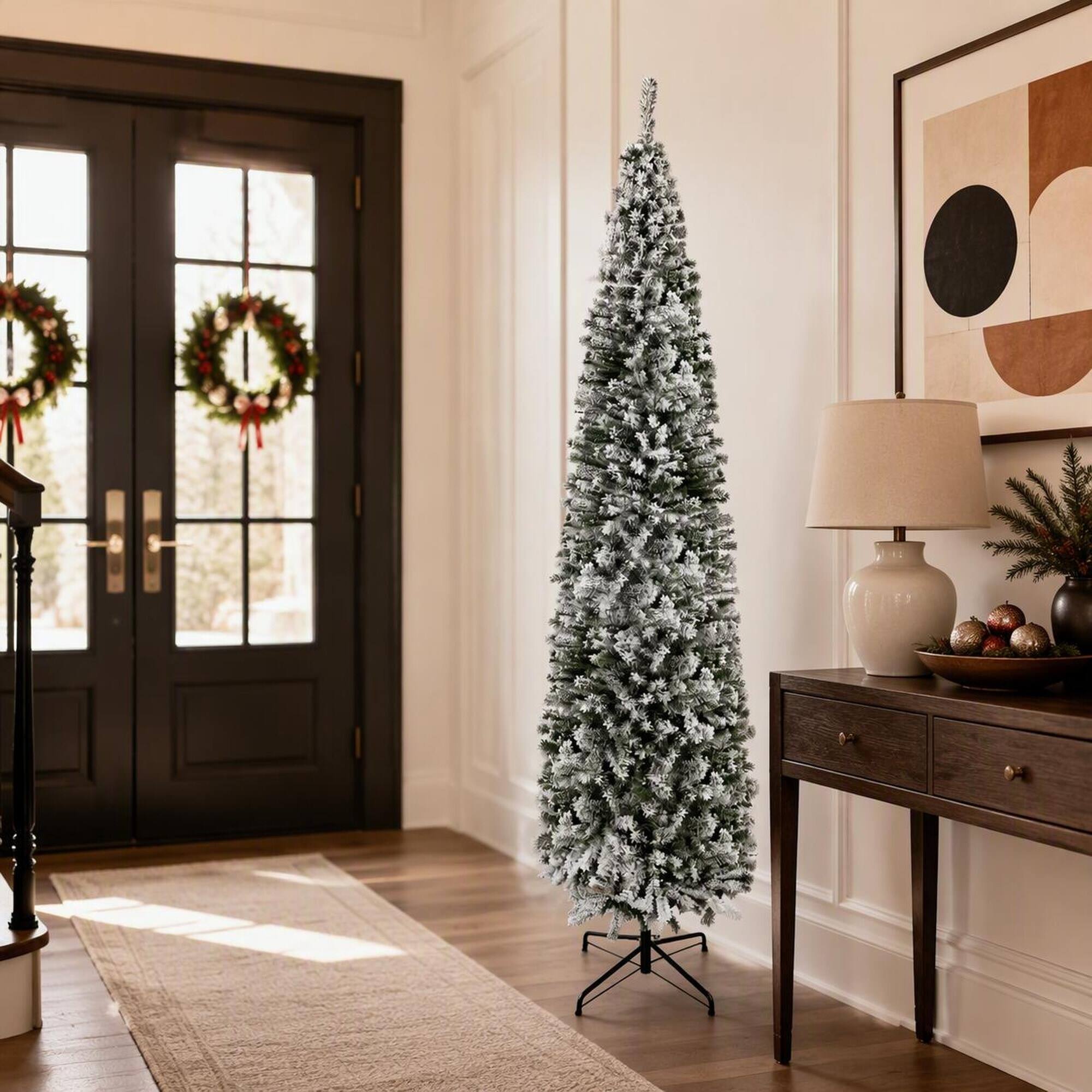 Alt View 2. RYHNUYNE - 9Ft Flocked Pencil Artificial Christmas Tree, Faux Snow Realistic Branches Bendable Design Indoor Holiday Home Decor - Green.