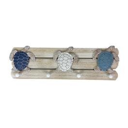 Chesapeake Bay - Sea Turtle Wall Hook Rack 4 Peg Distressed Wood Resin 19 Inch Coastal - Blue