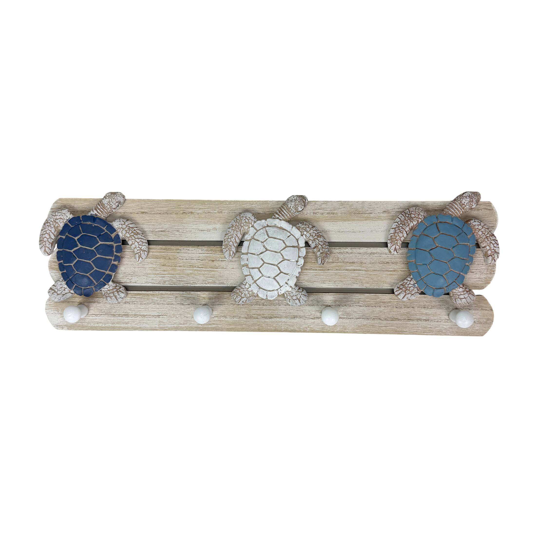 Front. Chesapeake Bay - Sea Turtle Wall Hook Rack 4 Peg Distressed Wood Resin 19 Inch Coastal - Blue.