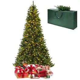 Gymax - 8 FT Pre-Lit PVC Christmas Tree & Storage Bag w/ Warm White LED Lights & Gloves - Green