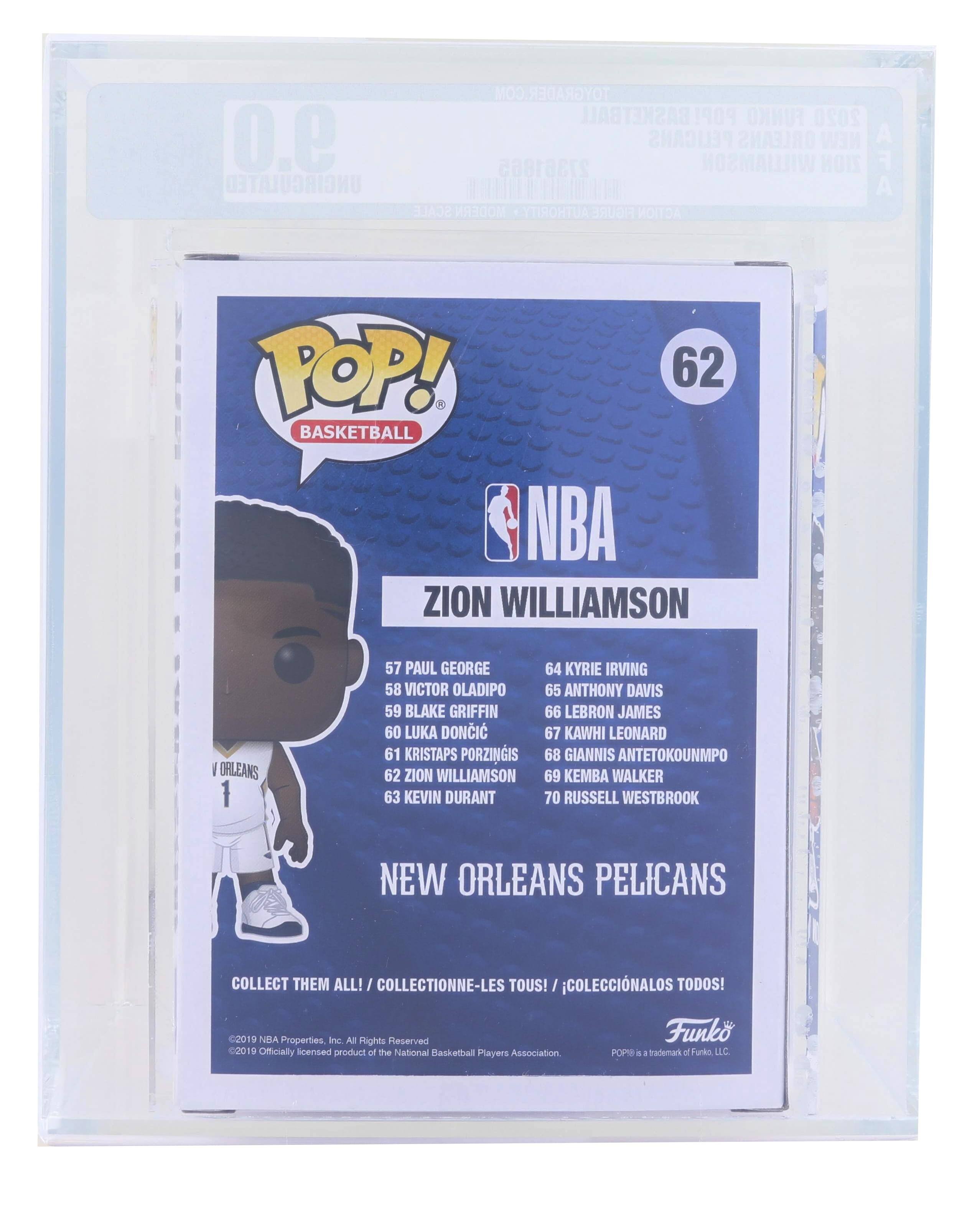 9.0 OTIUINO TOYGRADER.COM BASKETBALL 1909 FUNKO 2020 PELICANS ORLEANS NEW ORLEANS ZION WILLIAMSON | SCALE MODERN YTROTUA FIGURE ACTION POP! 62 BASKETBALL NBA ZION WILLIAMSON 57 PAUL GEORGE 64 KYRIE IRVING 58 VICTOR OLADIPO 65 ANTHONY DAVIS 59 BLAKE GRIFFIN 66 LEBRON JAMES 60 LUKA DONCIC 67 KAWHI LEONARD 61 KRISTAPS PORZINGIS 68 GIANNIS ANTETOKOUNMPO 62 ZION WILLIAMSON 69 KEMBA WALKER 63 KEVIN DURANT 70 RUSSELL WESTBROOK NEW ORLEANS PELICANS COLLECT THEM ALL! / COLLECTIONNE-LES TOUS! / COLECCIONALOS TODOS! 2019 NBA Properties Inc. All Rights Reserved. Officially licensed product of the National Basketball Players Association. POP! is a trademark of