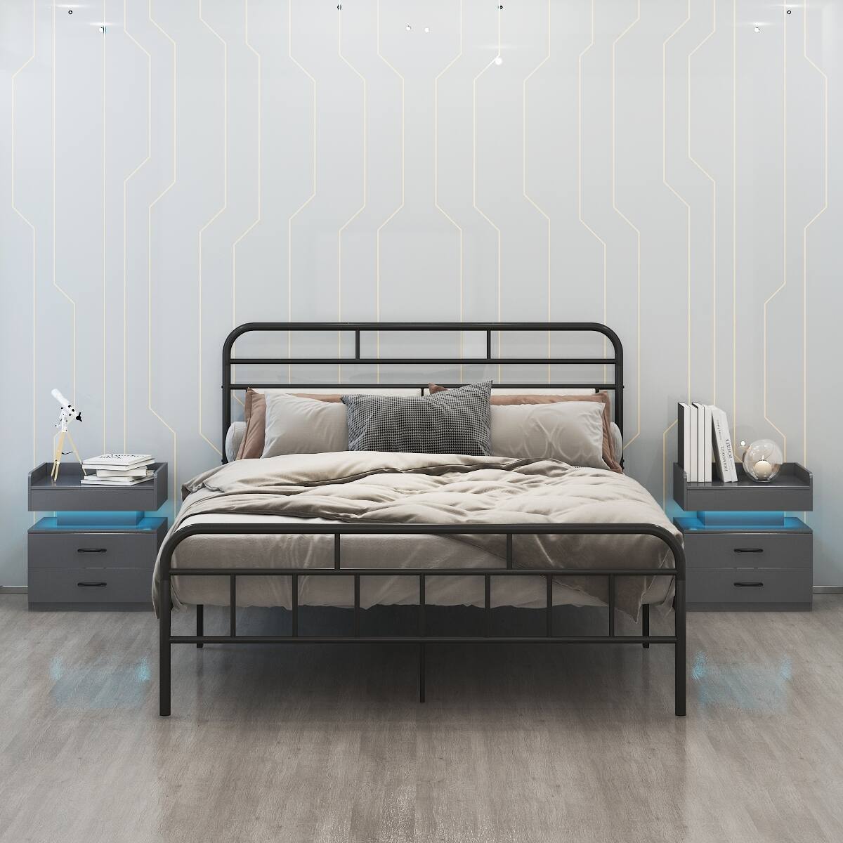 Alt View 3. Loheer - Loheer LED Nightstand with Adjustable Light, Grey Two Drawer Bedside Table - Grey.
