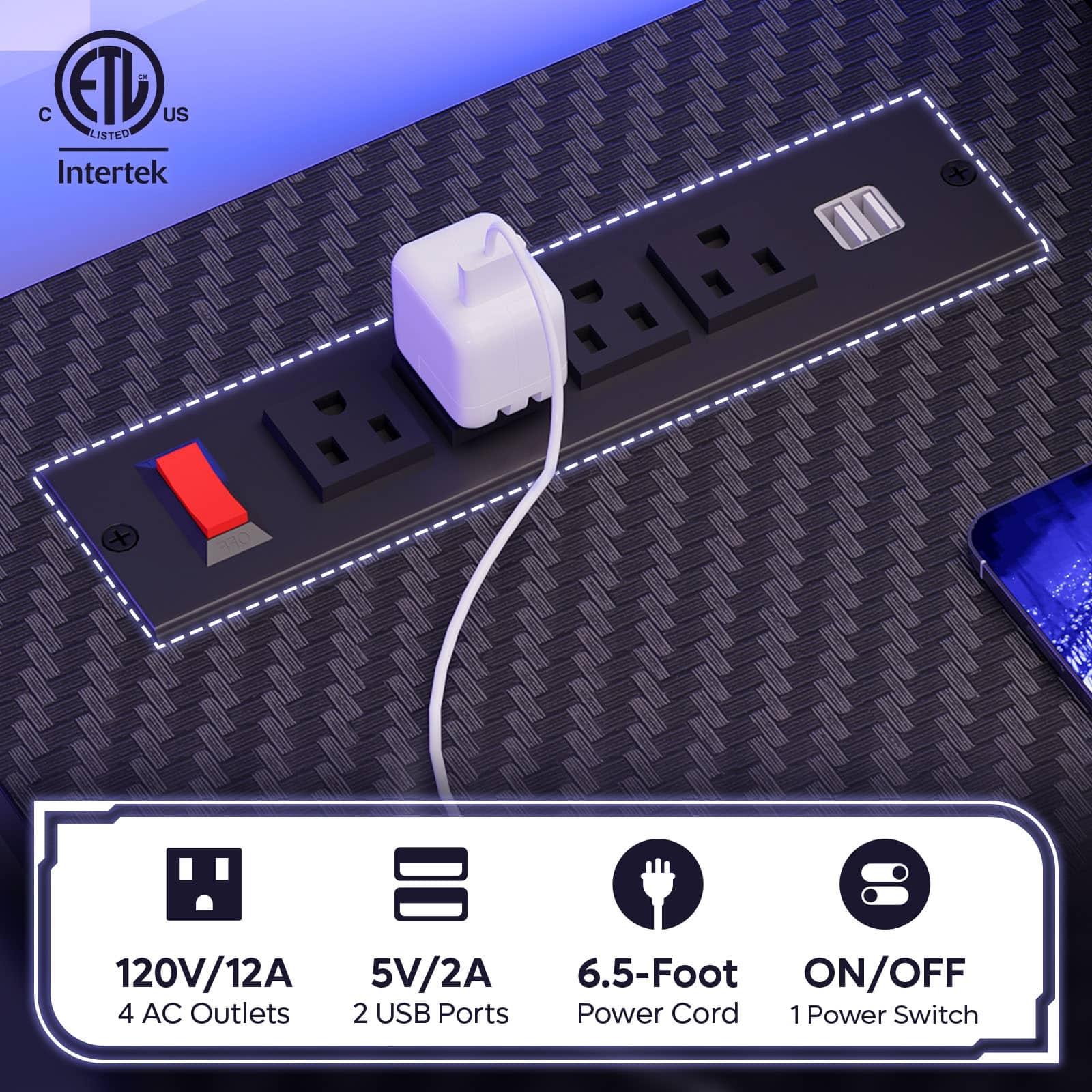 The text on the image is grouped and corrected as follows:
"C ETL US LISTED Intertek + 120V/12A 5V/2A 4 AC Outlets 2 USB Ports 6.5-Foot ON/OFF Power Cord 1 Power Switch"