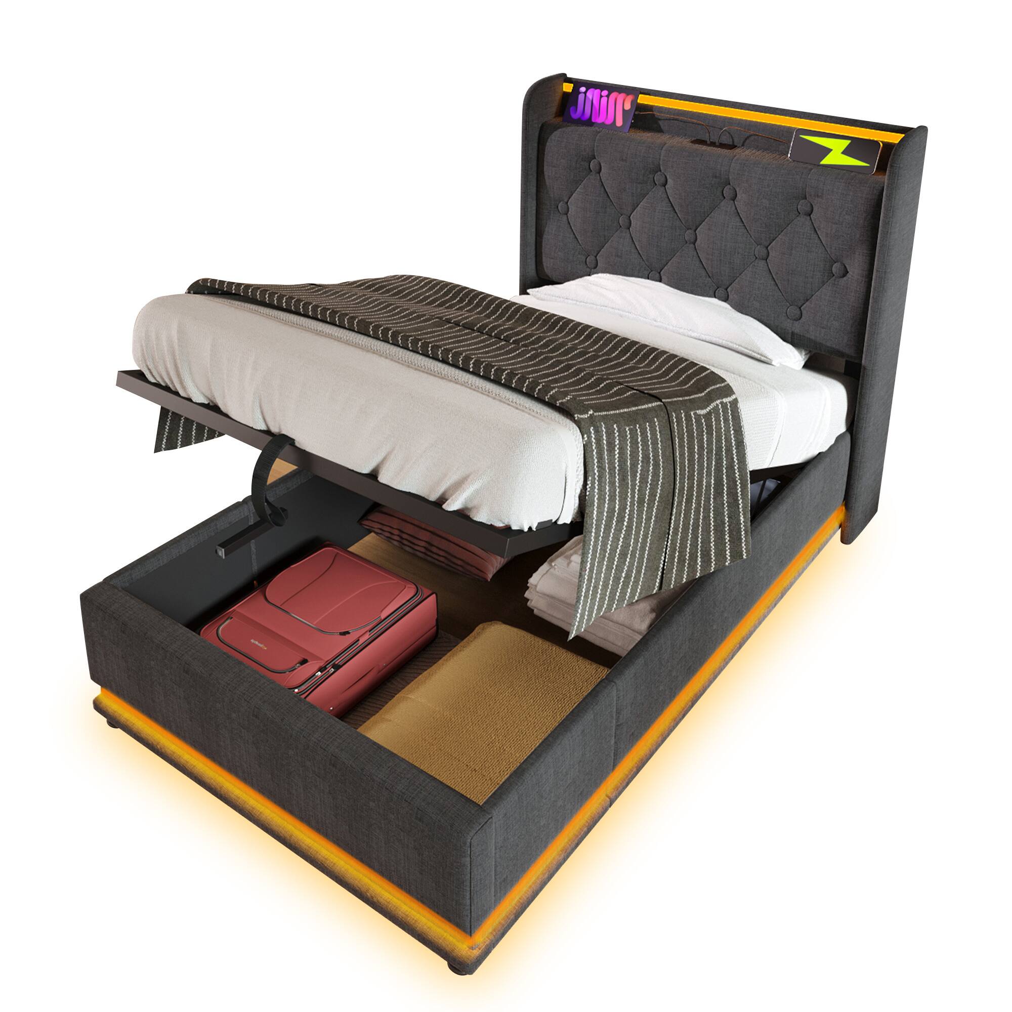 Front. Spaco - Spaco Twin Storage Bed with Hydraulic Lift, 360 LED Lighting, USB C Charging, Remote Control for Bedroom - Gray.
