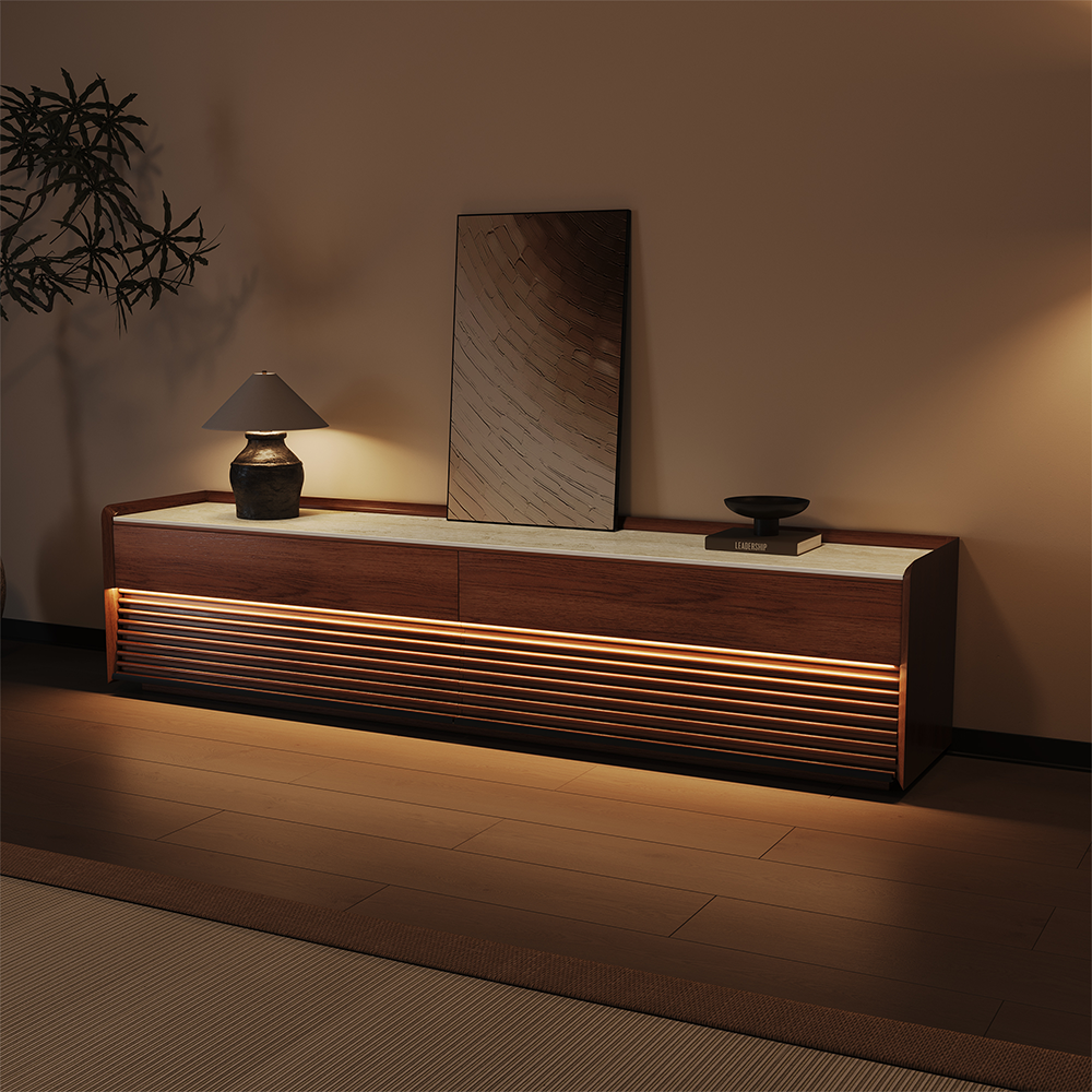 Angle. POVISON - 79" Fully-Assembled Mid-Century Matte Sintered Stone Tabletop TV Stand, Walnut Color Cabinet with Adjustable Light - Glossy White & Walnut.