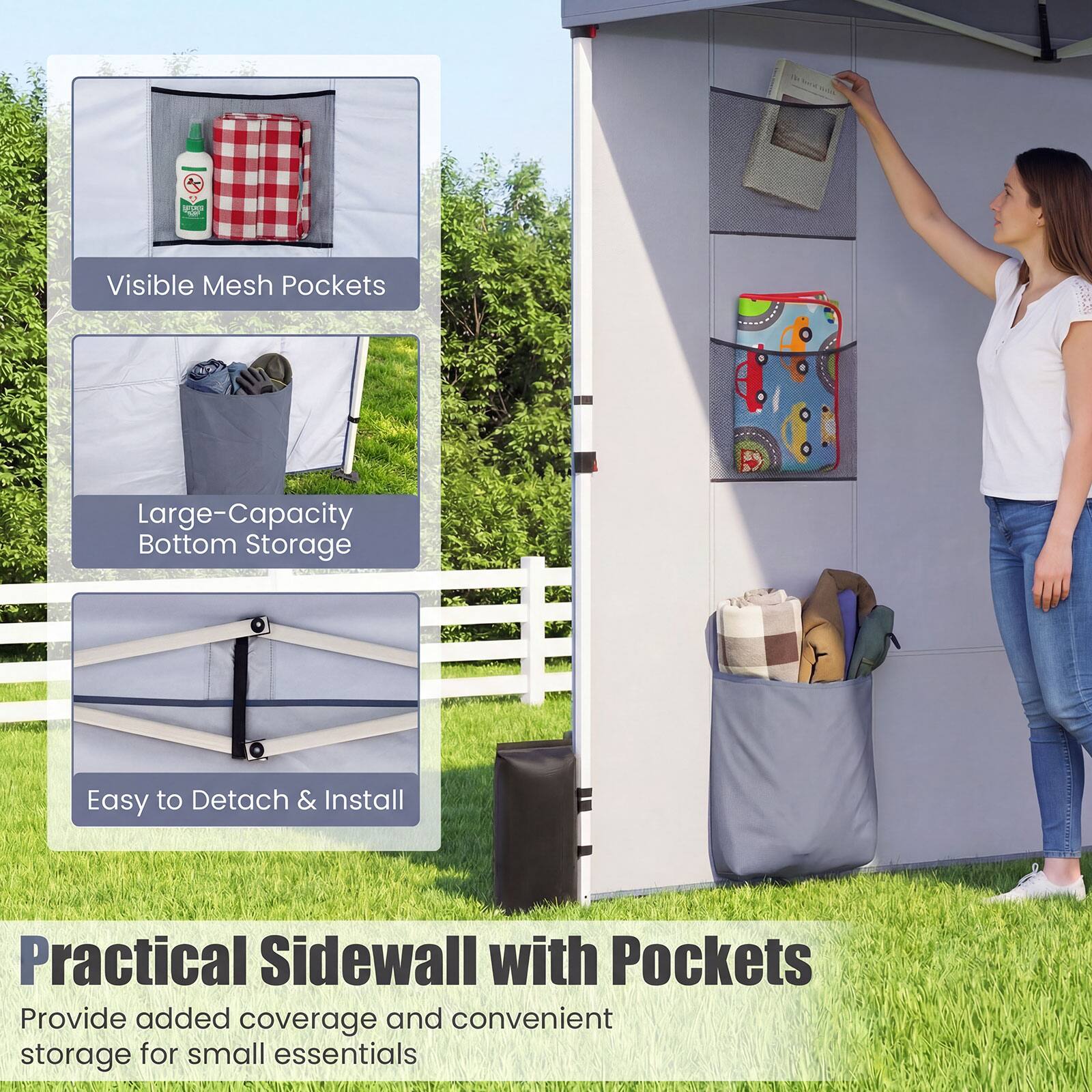 Visible Mesh Pockets  
Large-Capacity Bottom Storage  
Easy to Detach & Install  

Practical Sidewall with Pockets  
Provide added coverage and convenient storage for small essentials