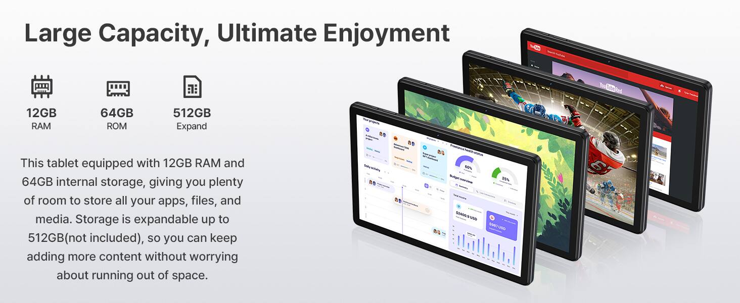 Large Capacity, Ultimate Enjoyment

This tablet is equipped with 12GB RAM and 64GB internal storage, giving you plenty of room to store all your apps, files, and media. Storage is expandable up to 512GB (not included), so you can keep adding more content without worrying about running out of space.

12GB RAM  
64GB ROM  
512GB Expand