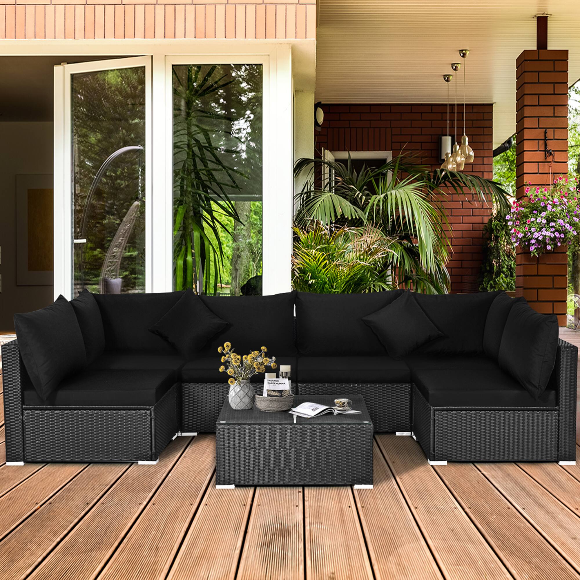 Alt View 3. Gymax - Gymax 7PCS Rattan Patio Conversation Set Sectional Furniture Set w/ Black Cushion - Black.