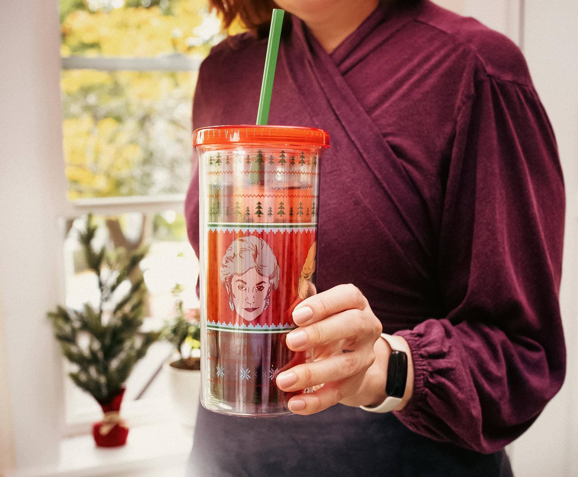 Alt View 4. Silver Buffalo - The Golden Girls Holiday Sweater Carnival Cup With Lid and Straw - Red.