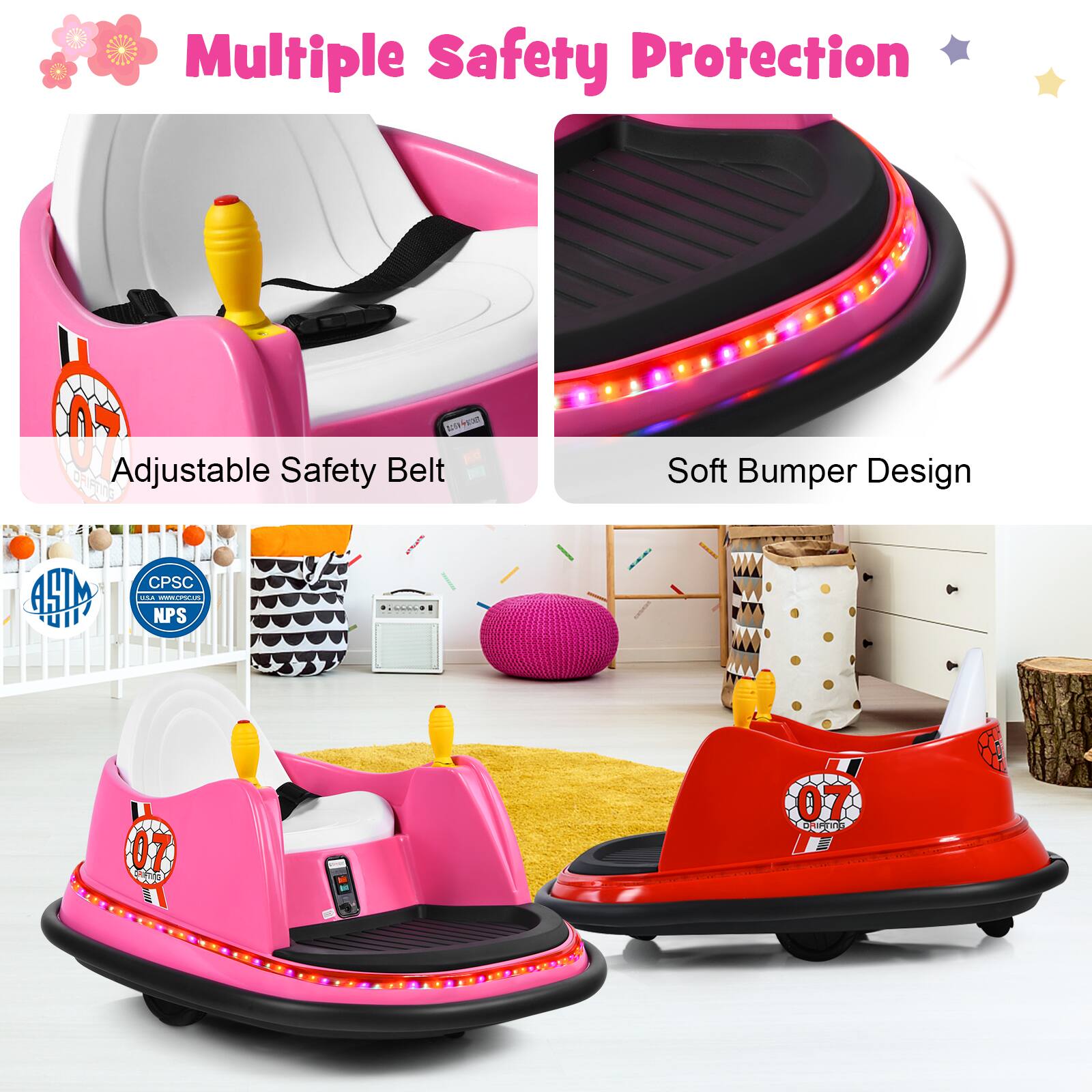 Multiple Safety Protection

Adjustable Safety Belt

Soft Bumper Design

CPSC NPS

07