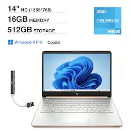 HP - 14 Laptop 14.0 HD (Intel Celeron N4500, 16GB DDR4, 512GB PCIe SSD, Intel UHD, Win 11 Pro) w/USB Hub - Pale Rose Gold Natural Silver