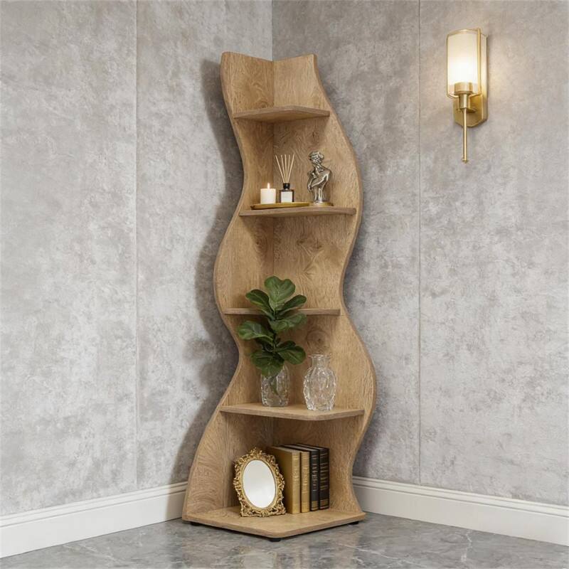 Alt View 1. HTUTWOO - Wall Corner Bookcase - 5-Tier Wood Corner Shelf, 70.53" Tall, Display Storage Rack with Snap Setup for Small Spaces - Light Brown.