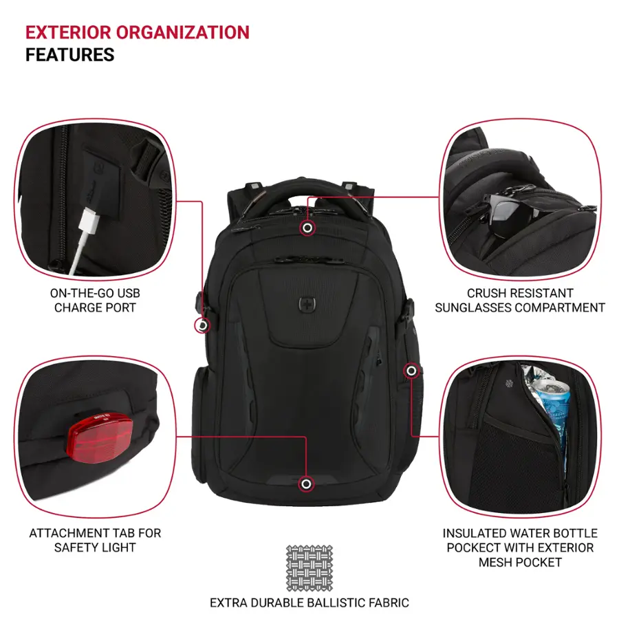 Exterior Organization Features: On-the-go USB charge port, crush resistant sunglasses compartment, attachment tab for safety light, insulated water bottle pocket, and extra durable ballistic fabric.