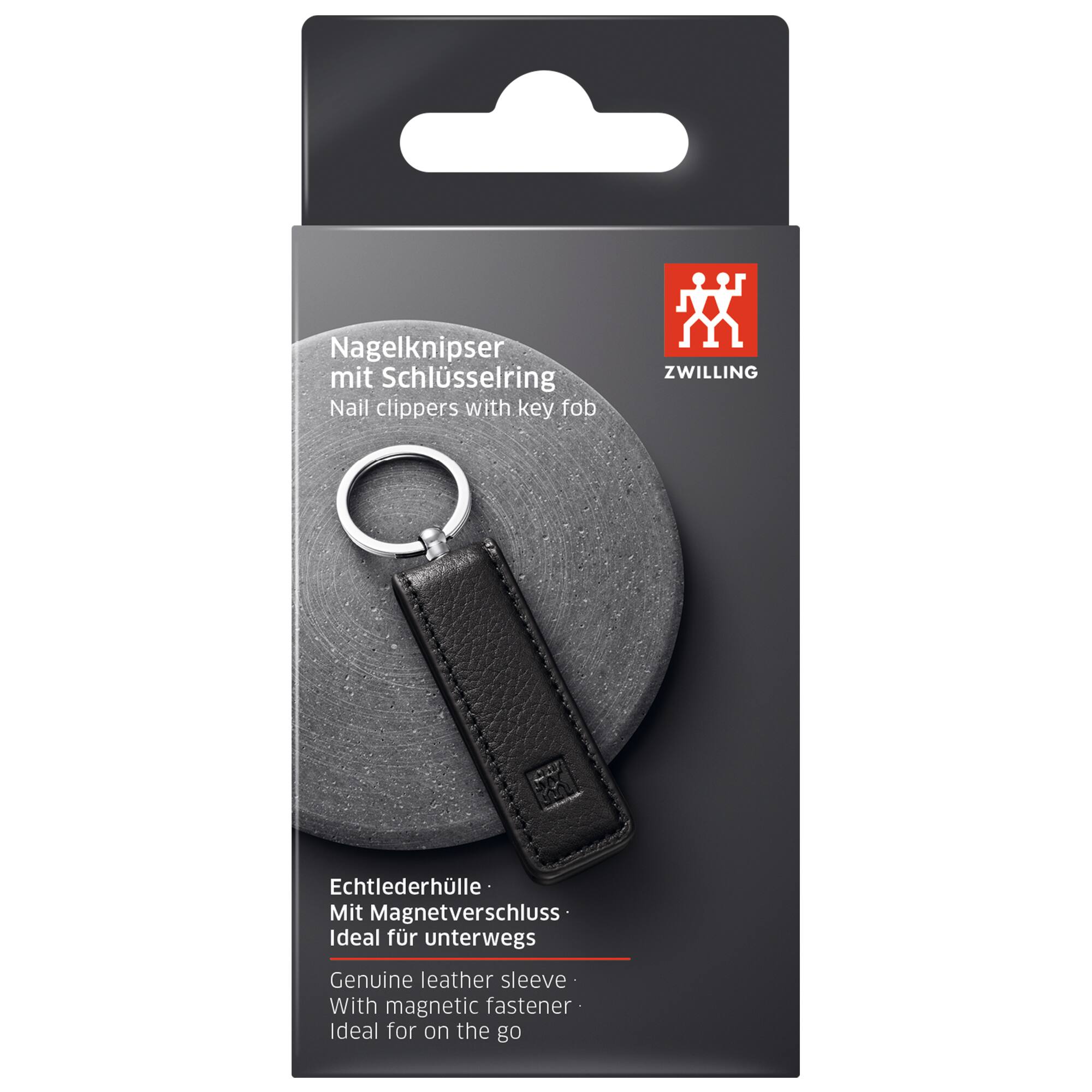 Nagelknipser mit Schlüsselring  
Nail clippers with key fob  
ZWILLING C4  
Echtlederhülle mit Magnetverschluss  
Genuine leather sleeve with magnetic fastener  
Ideal für unterwegs  
Ideal for on the go