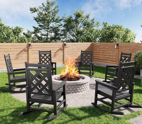 Front. Acekool - Outdoor Rocking Chair Set of 6, HDPE Weather-Resistant Adirondack Rockers, 380 lbs Support, Wood Texture, Black - Black.