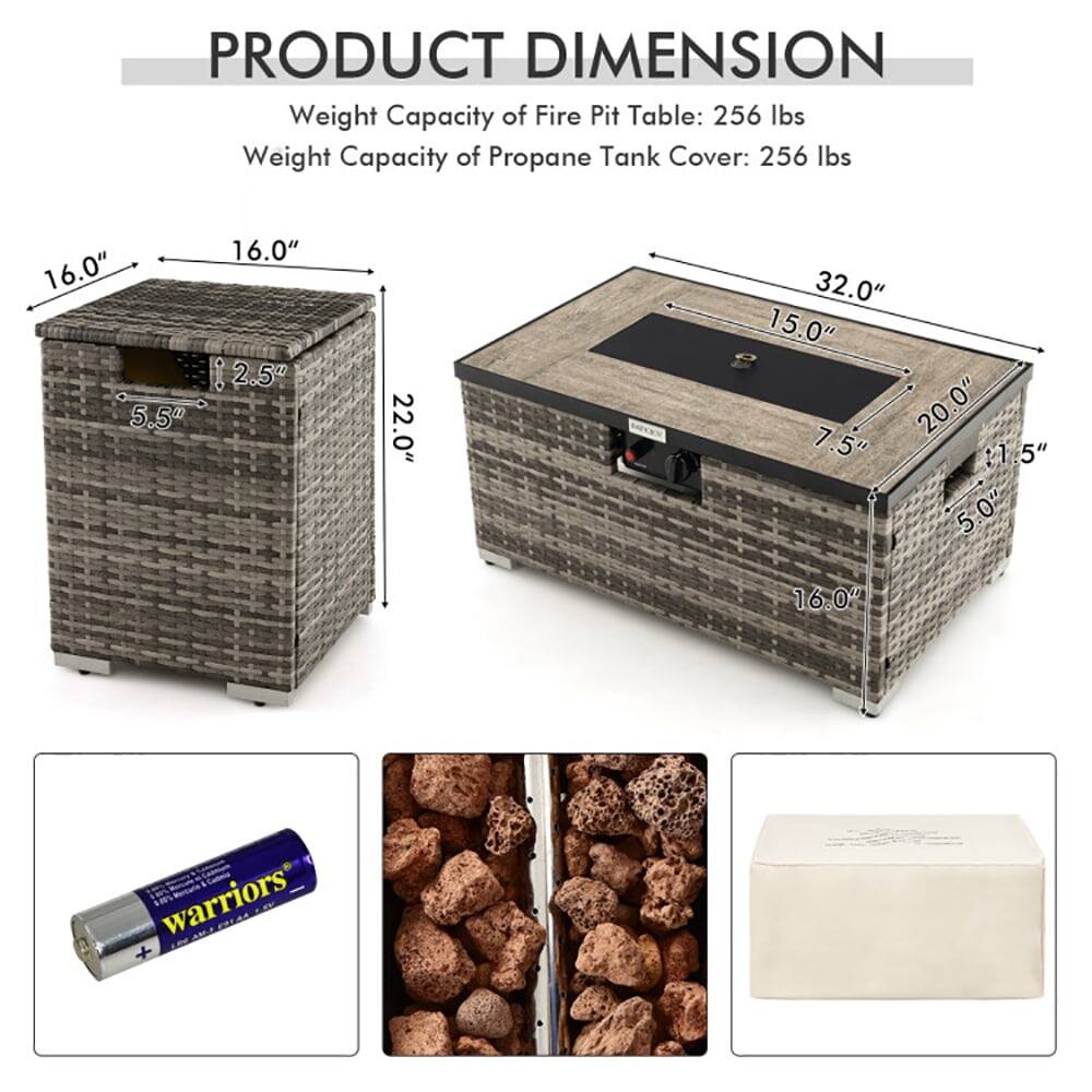 PRODUCT DIMENSION

Weight Capacity of Fire Pit Table: 256 lbs  
Weight Capacity of Propane Tank Cover: 256 lbs

- 16.0"  
- 5.5"  
- 2.5"  
- 22.0"  
- 32.0"  
- 15.0"  
- 7.5"  
- 1.5"  
- 5.0"  
- 20.0"  
- 16.0"