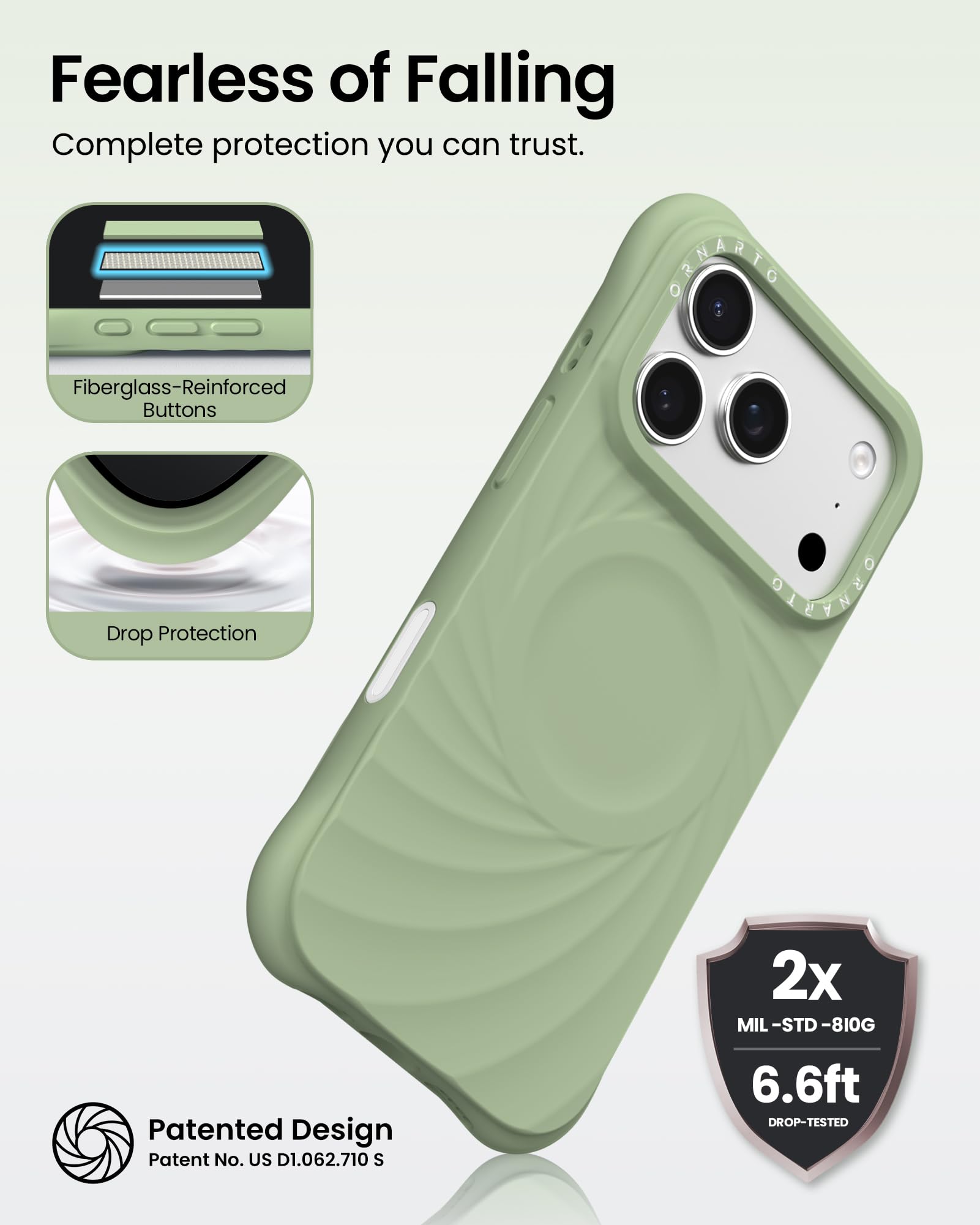 Fearless of Falling  
Complete protection you can trust.

- Fiberglass-Reinforced Buttons
- Drop Protection

Patented Design  
Patent No. US D1.062.710 S

2x MIL-STD-810G  
6.6ft DROP-TESTED