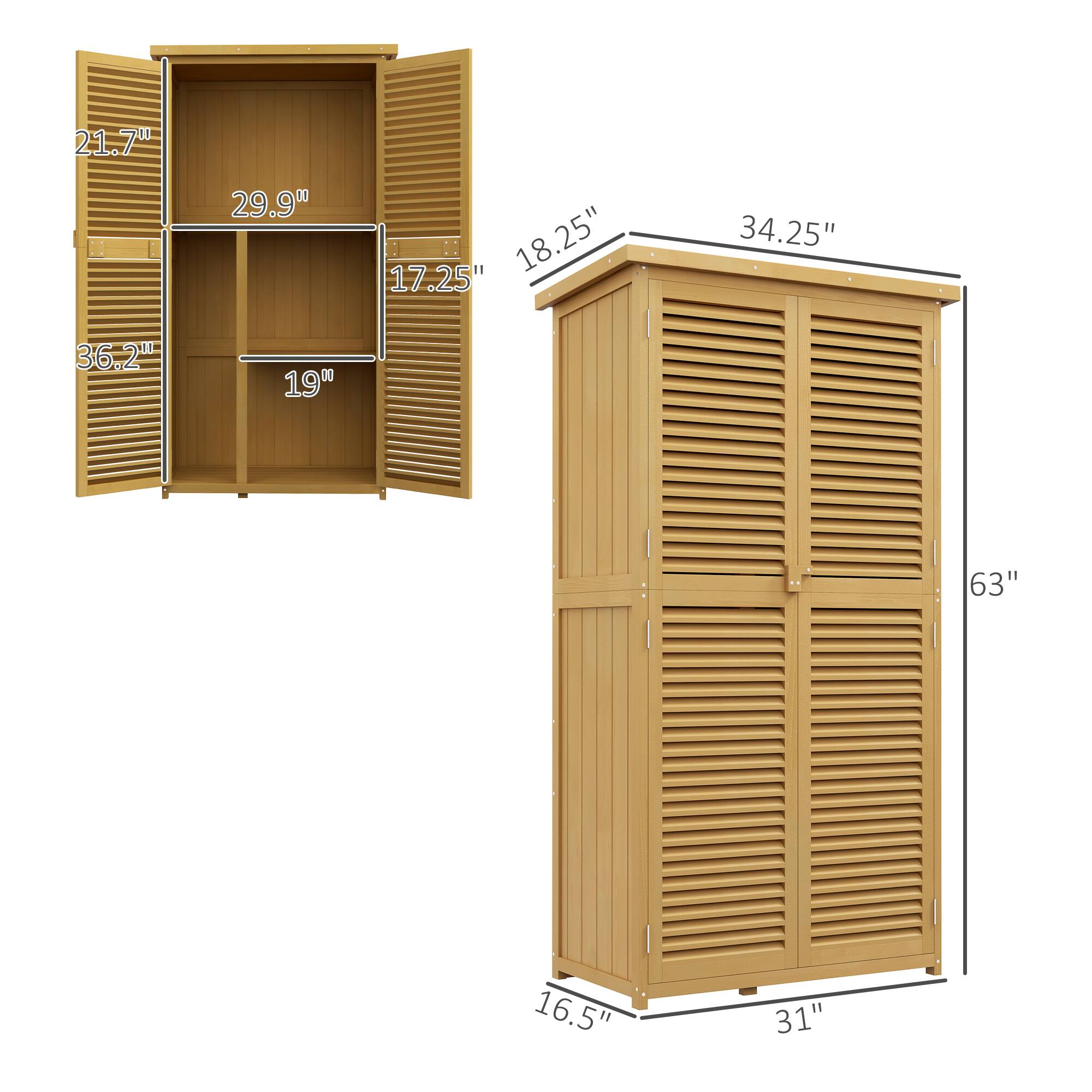- Width: 34.25"
- Height: 63"
- Depth: 18.25"
- Door Height: 36.2"
- Door Width: 16.5"
- Shelf Height: 29.9"
- Shelf Depth: 17.25"
- Shelf Height: 19"
- Shelf Depth: 21.7"