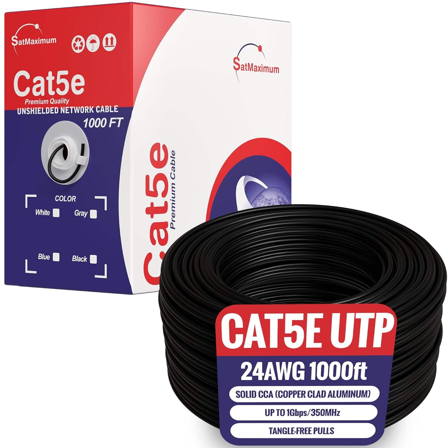 Cables Direct Online - 1000ft Cat5e Solid 24AWG Cable UTP Cat5 Bulk Pull Box Network Copper Clad Aluminum LAN Wire, Unshielded, Black