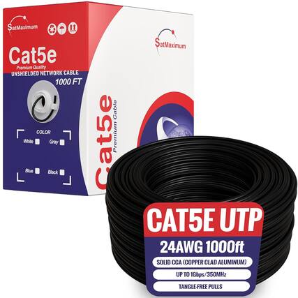 SatMaximum Cat5e Premium Quality UNSHIELDED NETWORK CABLE 1000 FT COLOR White Gray Blue Black Cable Cat5e Premium SatMaximum CAT5E UTP 24AWG 1000ft SOLID CCA (COPPER CLAD ALUMINUM) UP TO 1Gbps/350MHz TANGLE-FREE PULLS