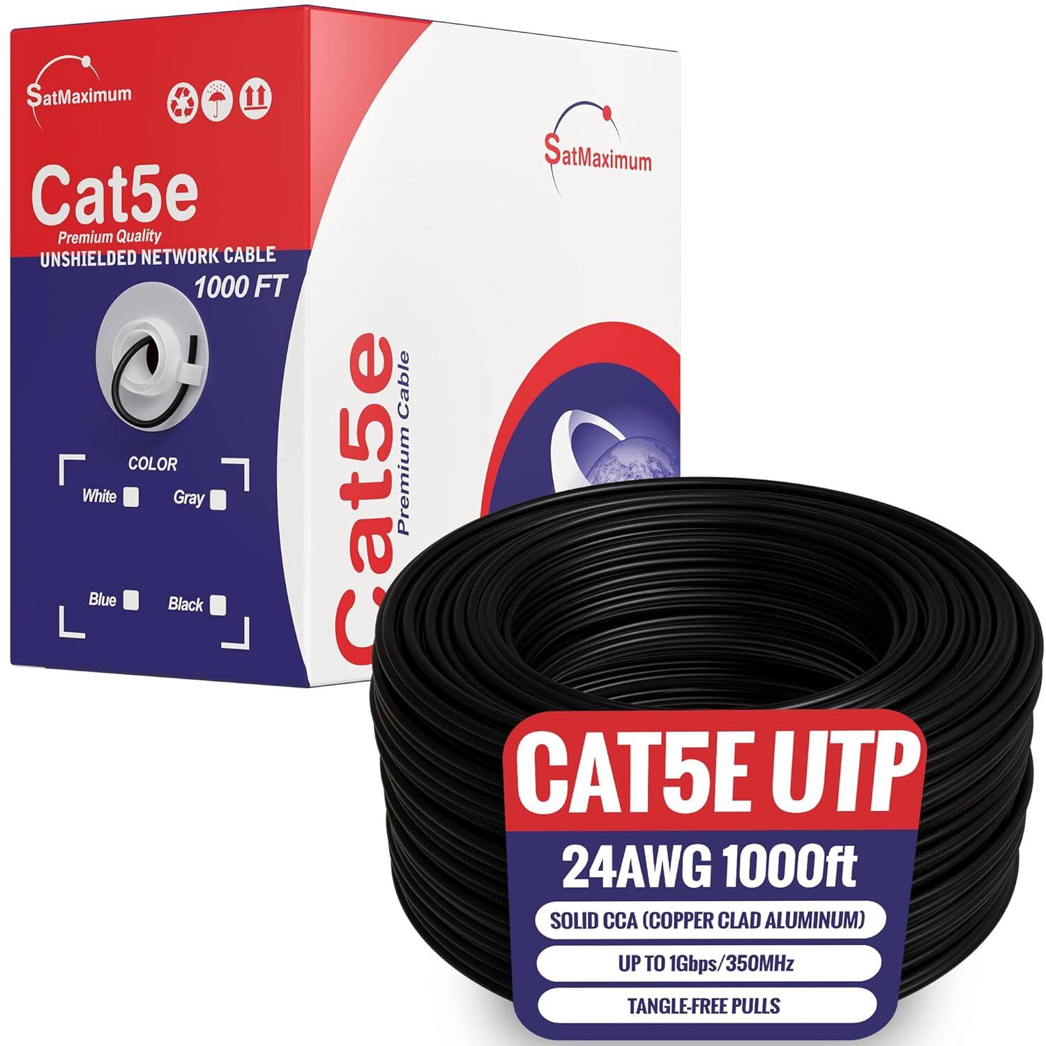 SatMaximum Cat5e Premium Quality UNSHIELDED NETWORK CABLE 1000 FT COLOR White Gray Blue Black Cable Cat5e Premium SatMaximum CAT5E UTP 24AWG 1000ft SOLID CCA (COPPER CLAD ALUMINUM) UP TO 1Gbps/350MHz TANGLE-FREE PULLS