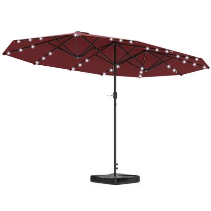 Front. Outsunny - Parasol 14.4ft Double-Sided Sun Umbrella with Base, Patio Parasol with LED Solar Lights - Wine Red.