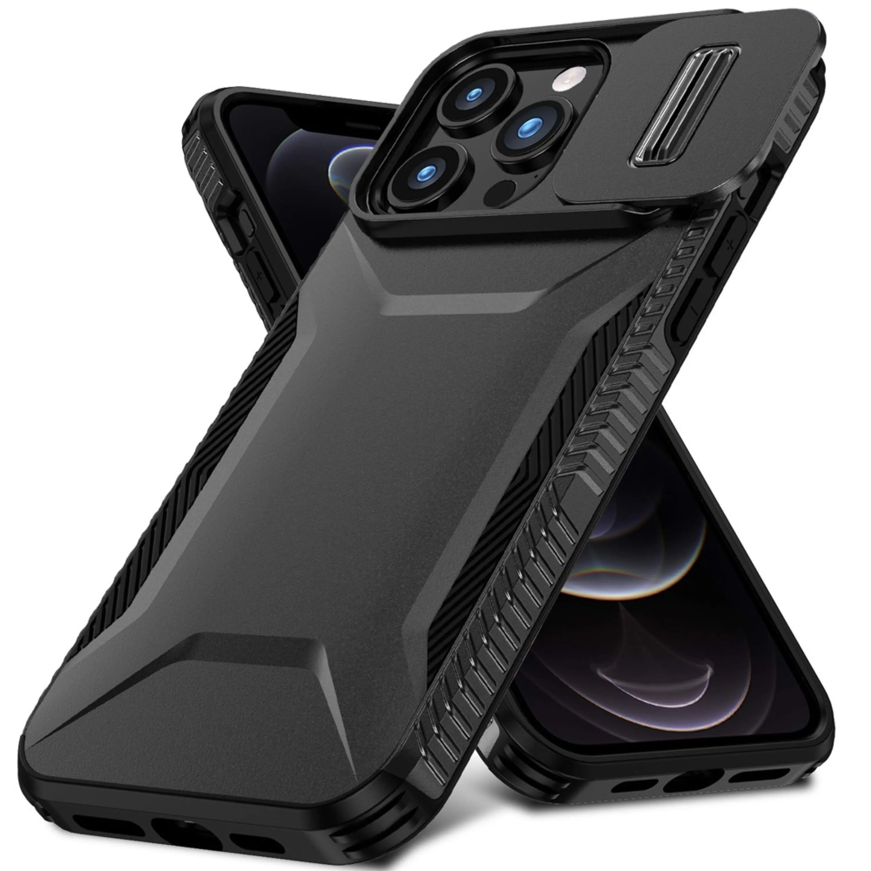 Front. Kitcheniva - Tough Rugged Grip Sliding Lens Shield Cover With Tempered Glass For iPhone 12 Pro Max Black - Black.