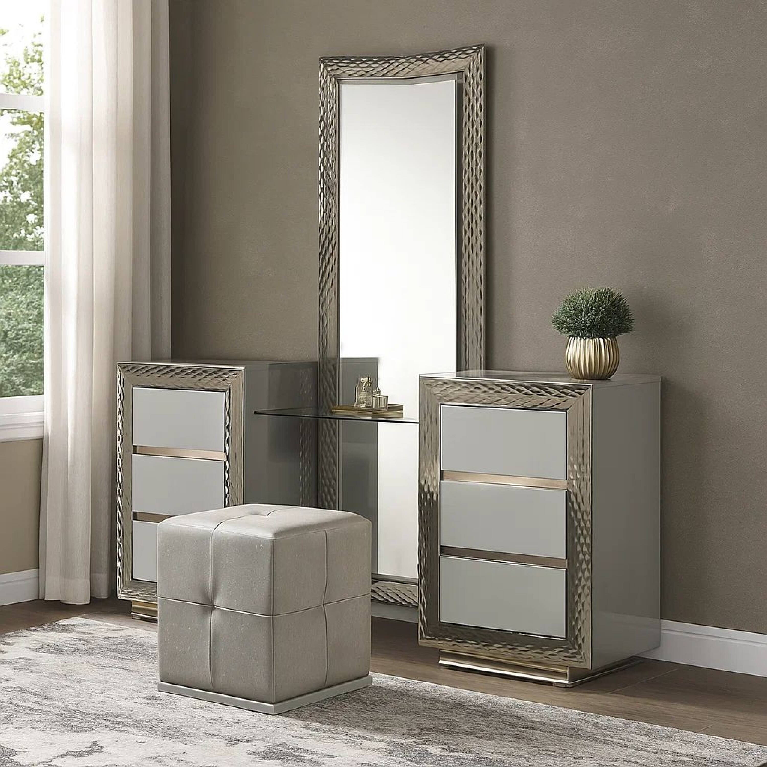 Alt View 5. Manhattan Lane - Vino 3pc Vanity Dressing Table Set w Stool, Satin Fabric, Rubberwood - Gray.