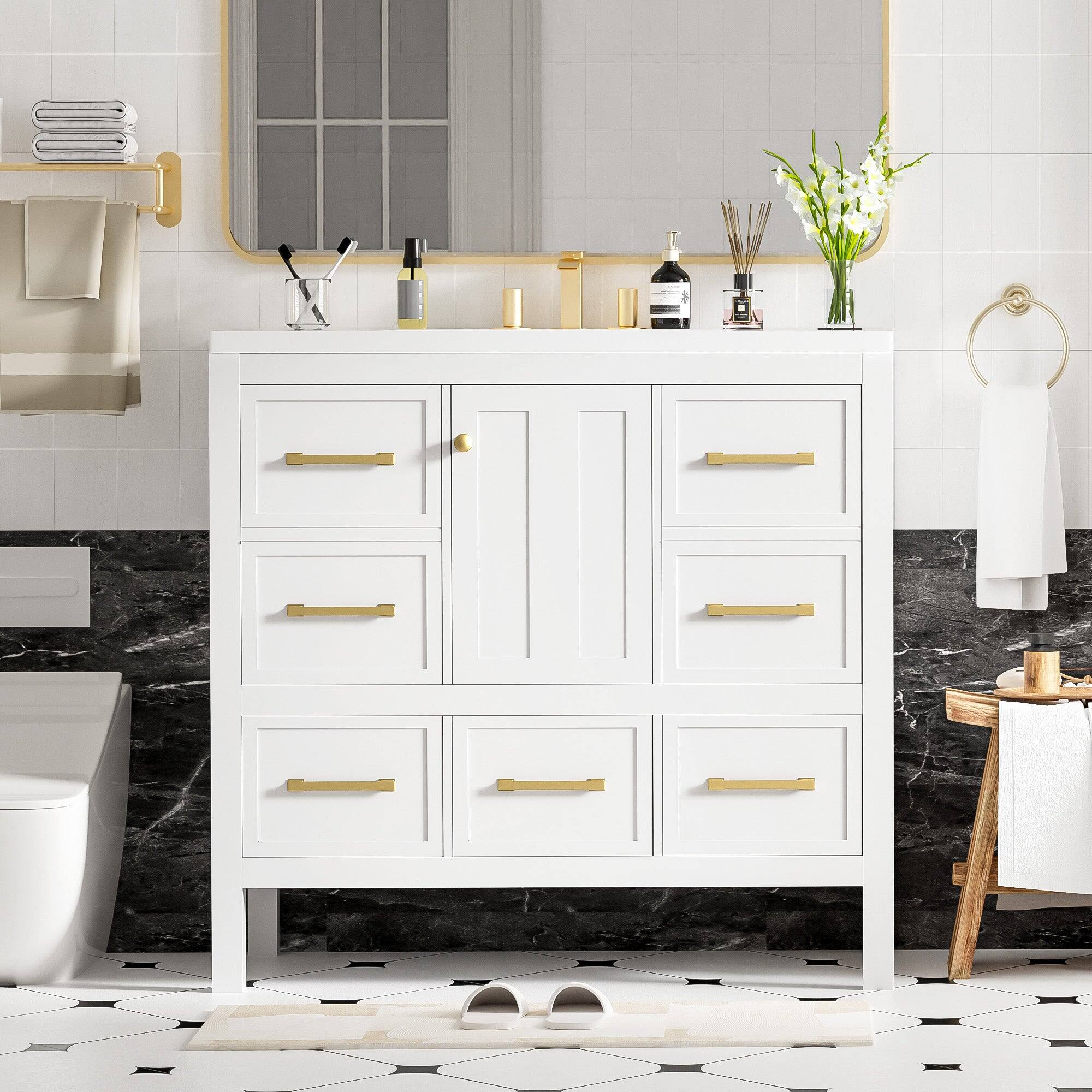 Alt View 4. Boyel Living - 36 Inch Bathroom Vanity with Resin Sink and Five Drawers White - White.