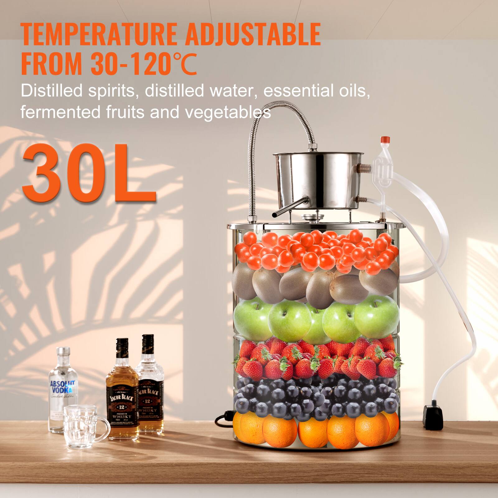 TEMPERATURE ADJUSTABLE FROM 30-120°C  
Distilled spirits, distilled water, essential oils, fermented fruits and vegetables  
30L  

ABSOLUT VODKA  
BLACK LABEL  
12  
WHISKY