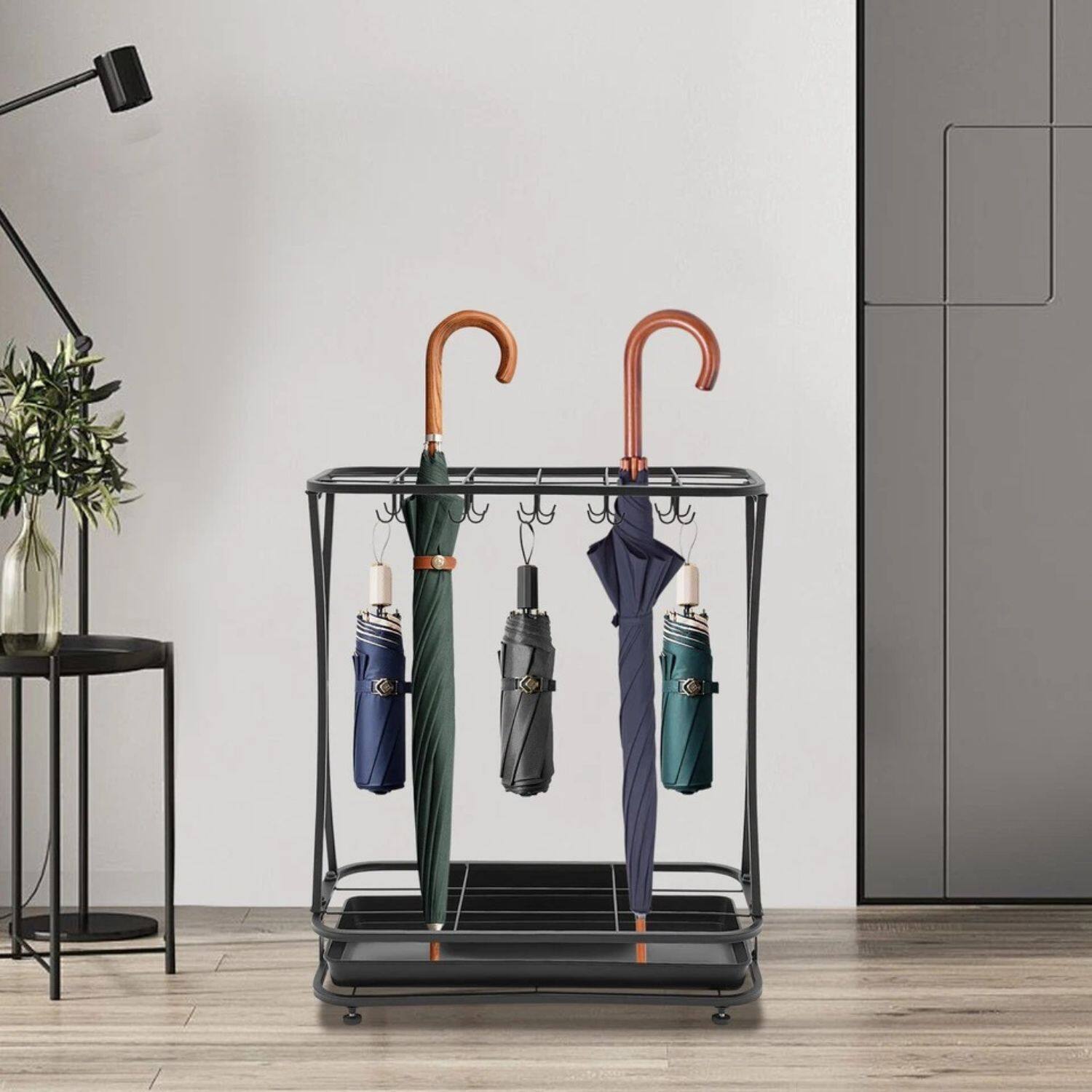 Left. Stock Preferred - Freestanding Umbrella Stand Organizer with Drip Tray - Black.