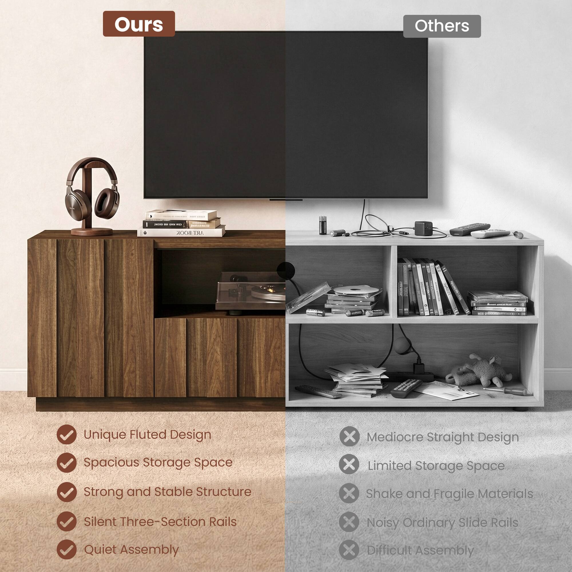 Ours - Others

- Unique Fluted Design
- Spacious Storage Space
- Strong and Stable Structure
- Silent Three-Section Rails
- Quiet Assembly

- Mediocre Straight Design
- Limited Storage Space
- Shake and Fragile Materials
- Noisy Ordinary Slide Rails
- Difficult Assembly
