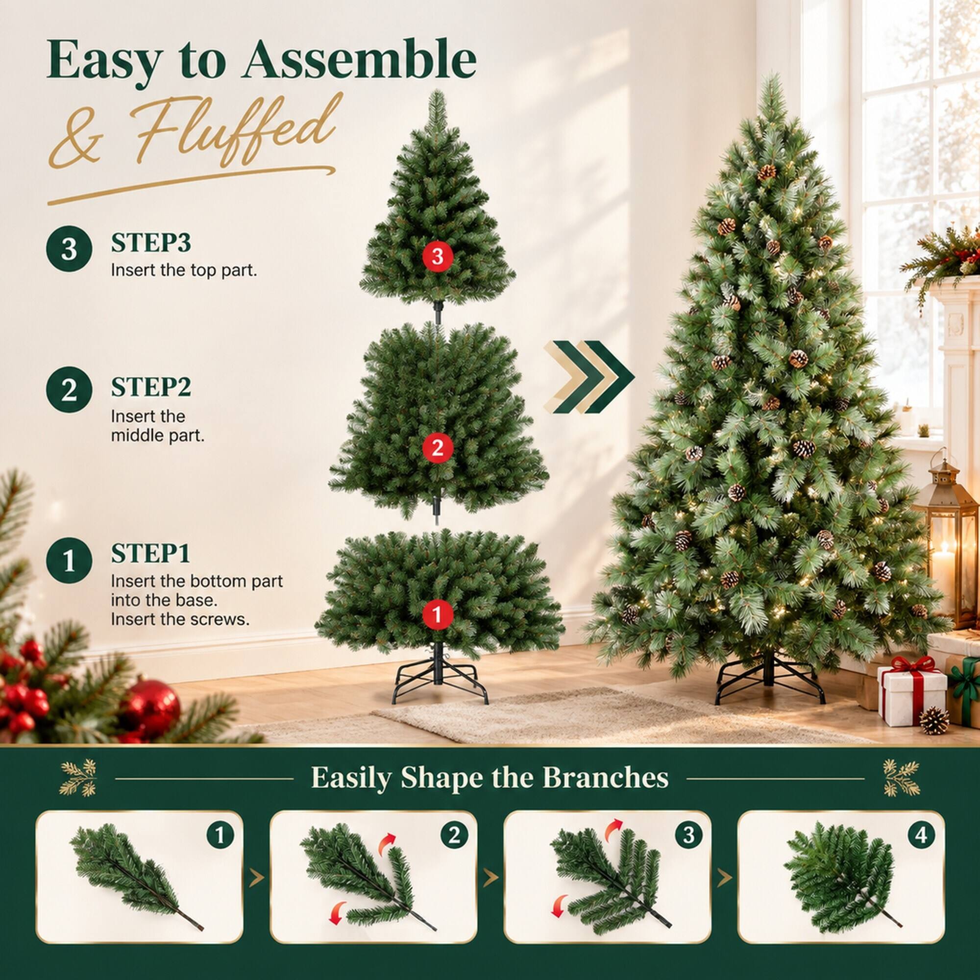 Easy to Assemble & Fluffed

STEP 1: Insert the bottom part into the base. Insert the screws.

STEP 2: Insert the middle part.

STEP 3: Insert the top part.

Easily Shape the Branches

1
2
3
4