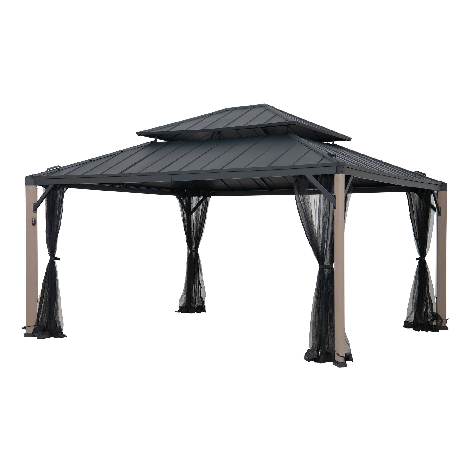 Front. SUNJOY - Sunjoy Stanwood 13 ft. x 15 ft. Cedar Framed Hard Top Gazebo with Solar Powered LED Lighting with Remote Control.