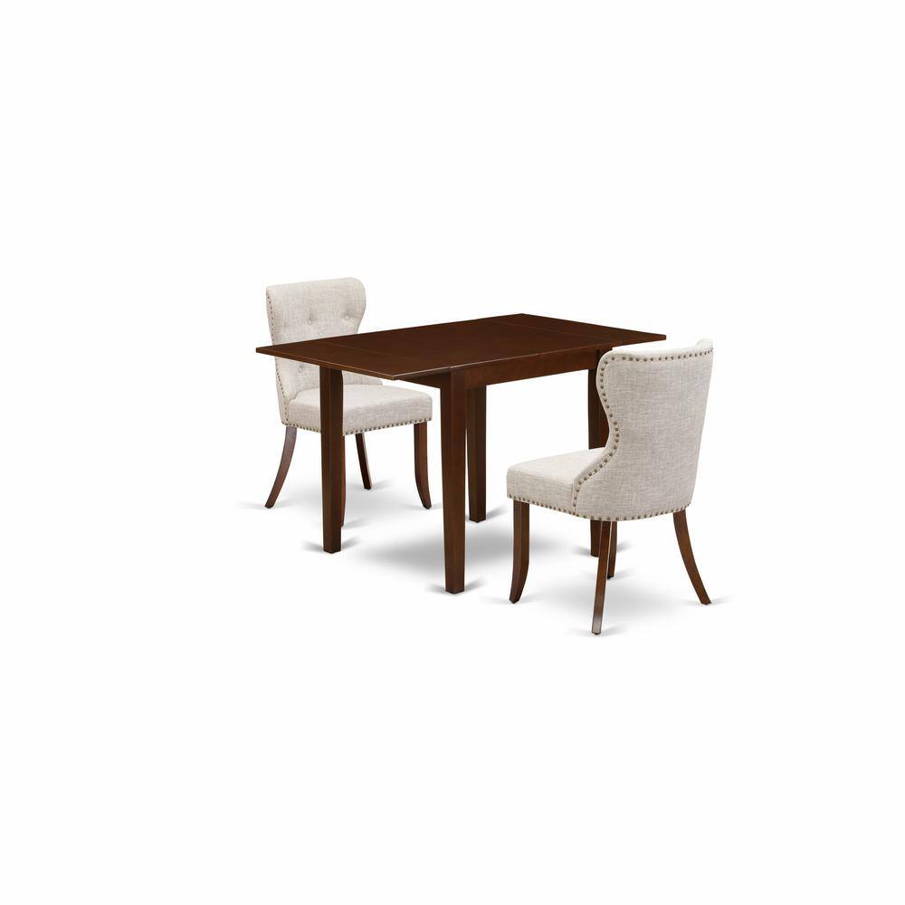 Left. East West Furniture - East-West Furniture NDSI3-MAH-35 - A dining room table set of two amazing kitchen chairs with Linen Fabric Doeskin - Mahogany.