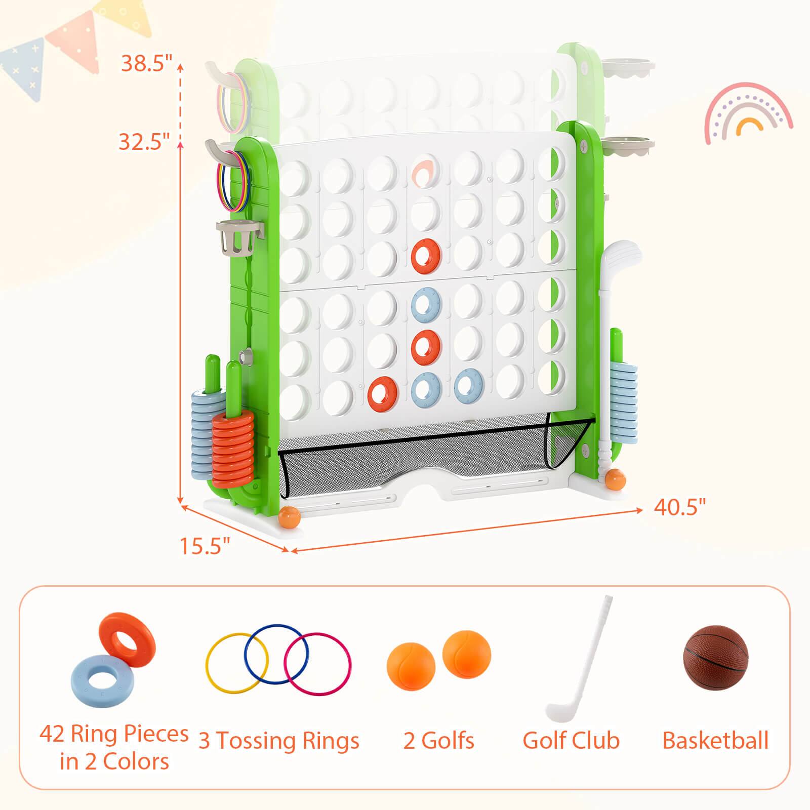 38.5"  
32.5"  
40.5"  
15.5"  

42 Ring Pieces  
3 Tossing Rings in 2 Colors  
2 Golf Balls  
Golf Club  
Basketball