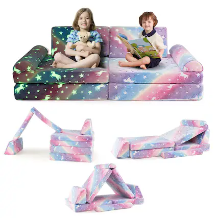 Front. Costway - Costway 8 PCS Modular Kids Play Couch with Handles Machine Washable Covers for Building Fort - Multicolor.