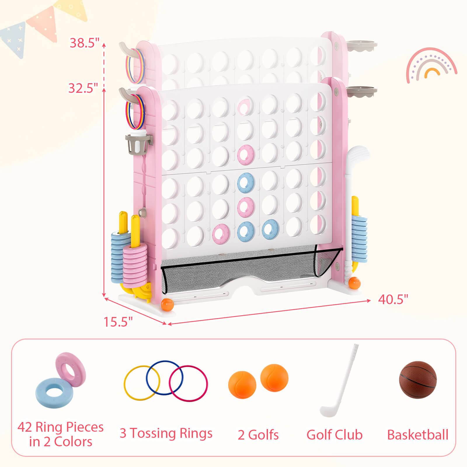 - 38.5" (height)
- 32.5" (height)
- 40.5" (width)
- 15.5" (depth)

- 42 Ring Pieces in 2 Colors
- 3 Tossing Rings
- 2 Golf Balls
- 1 Golf Club
- 1 Basketball