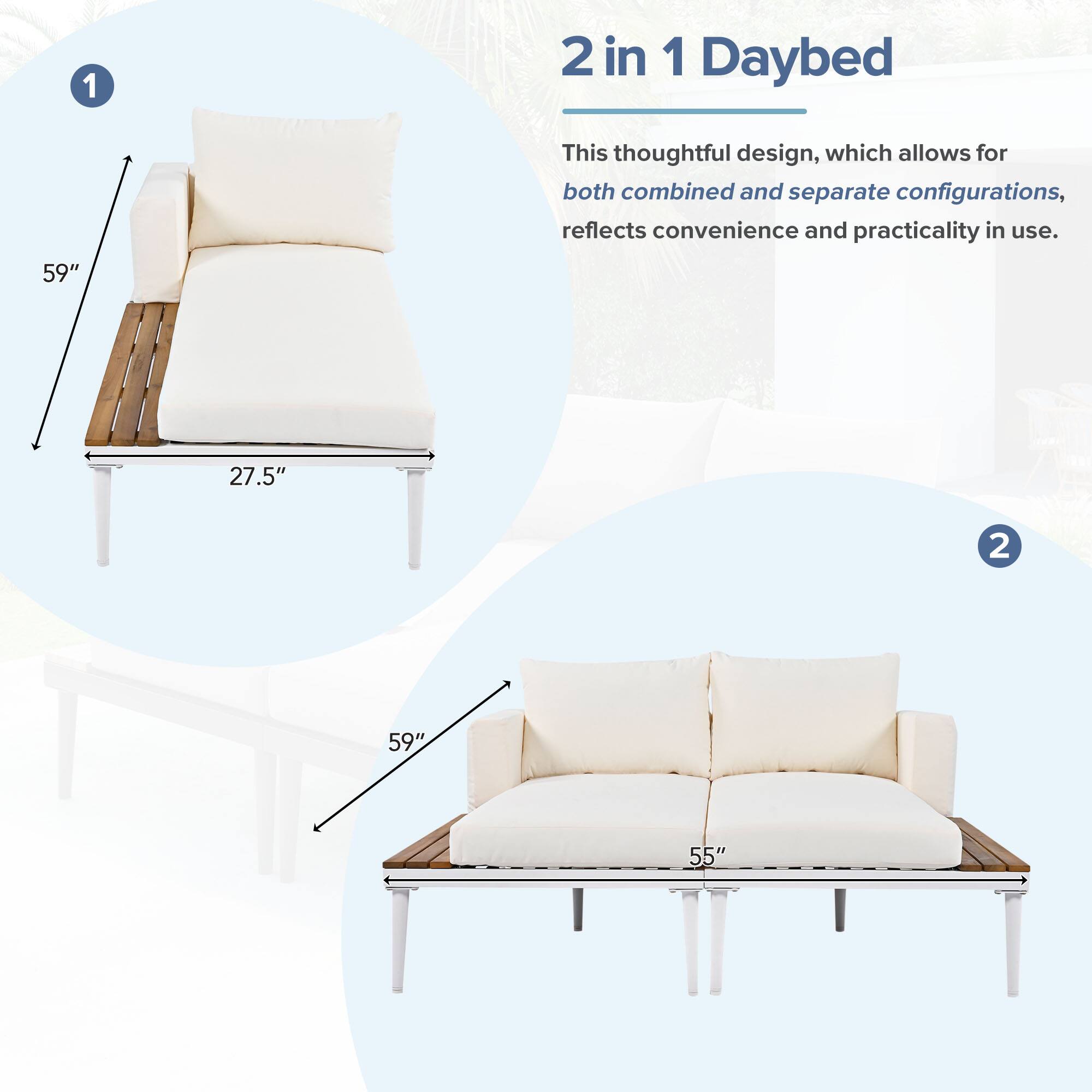 2 in 1 Daybed
This thoughtful design, which allows for both combined and separate configurations, reflects convenience and practicality in use.
59"
27.5"
2
59"
55"